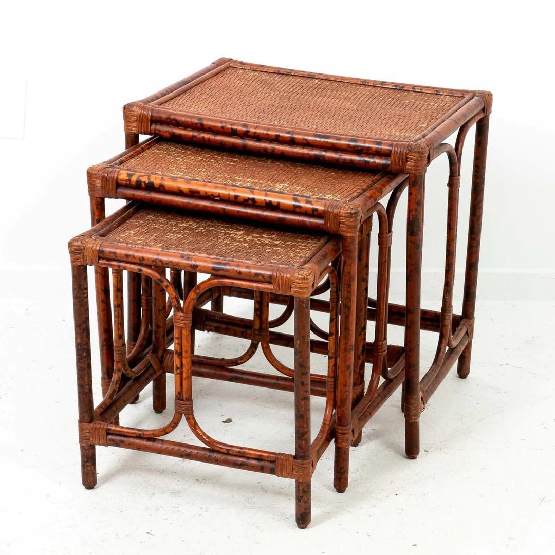 20th Century Vintage Set of Three Bamboo And Rattan Nesting Tables For Sale