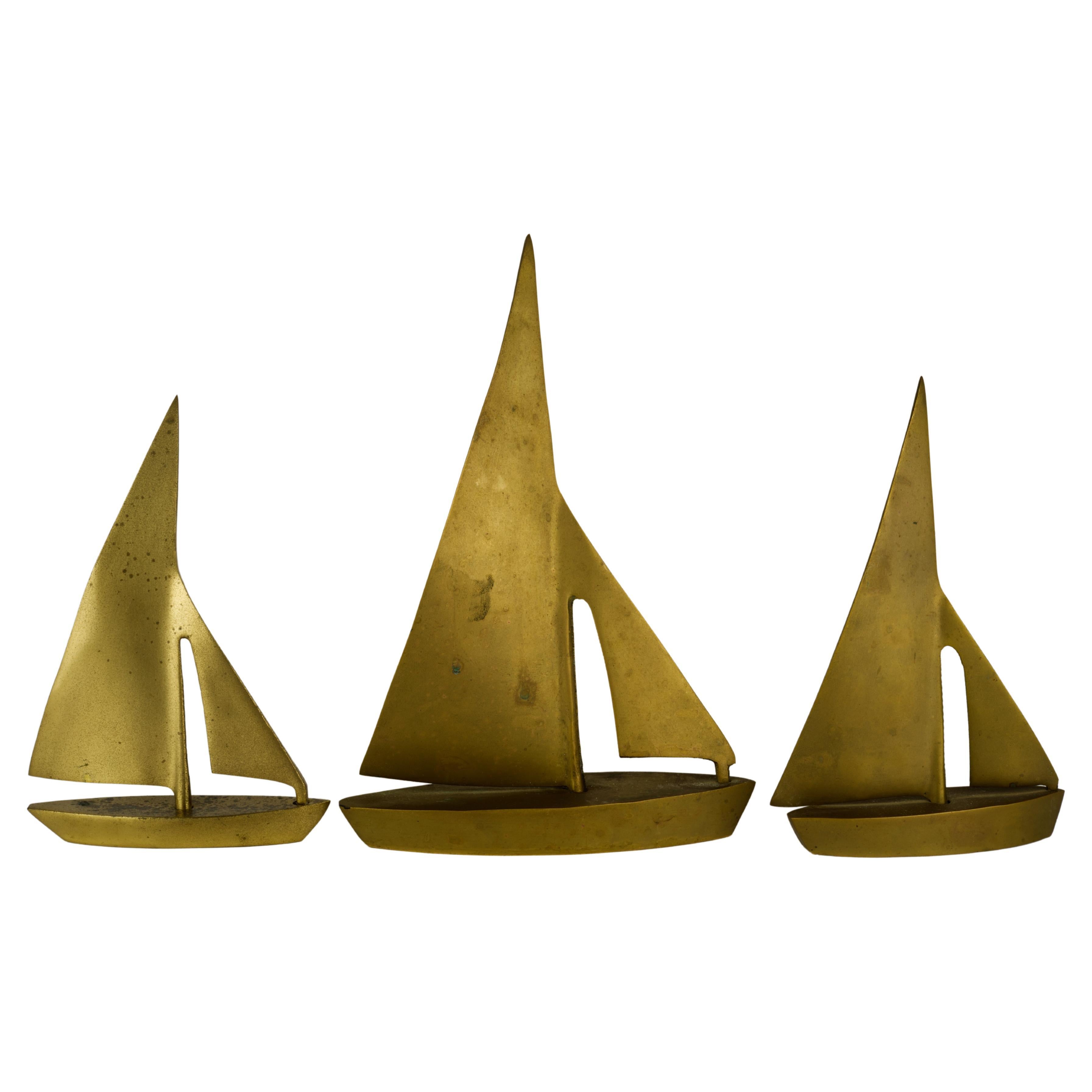 Vintage Set of Three Brass Sailing Boats in Style of Curtis Jeré