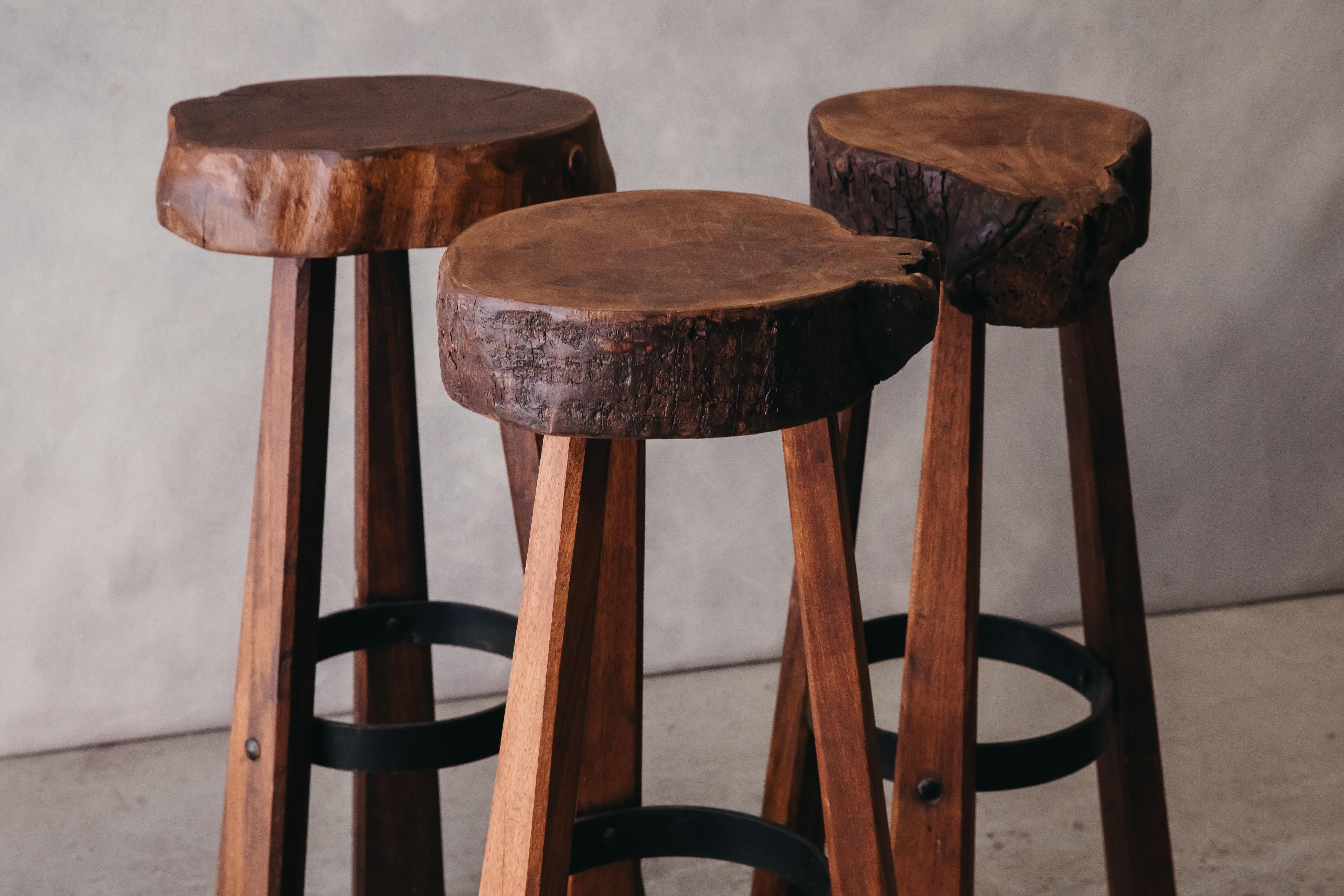 European Vintage Set of Three Brutalist Bar Stools from France, circa 1960 For Sale