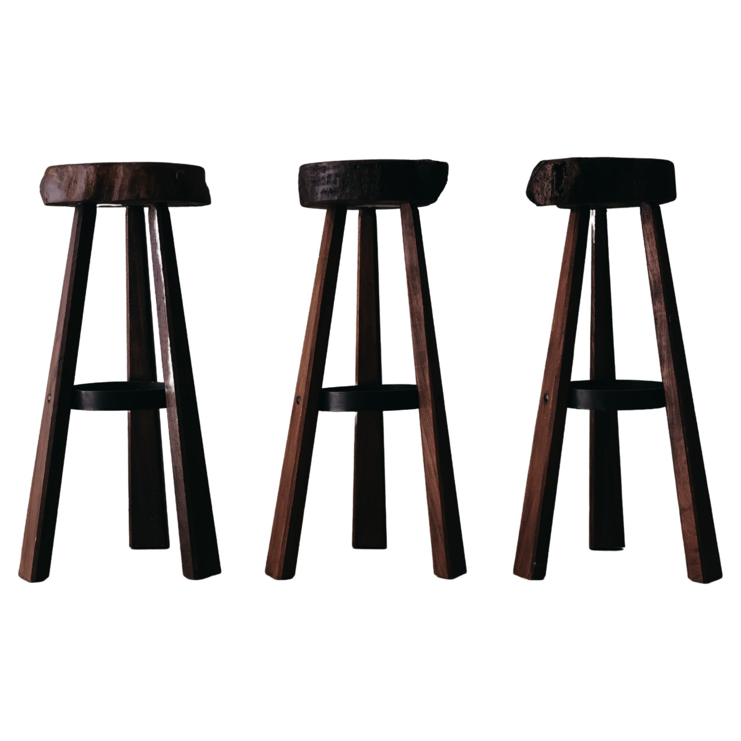 Vintage Set of Three Brutalist Bar Stools from France, circa 1960 For Sale