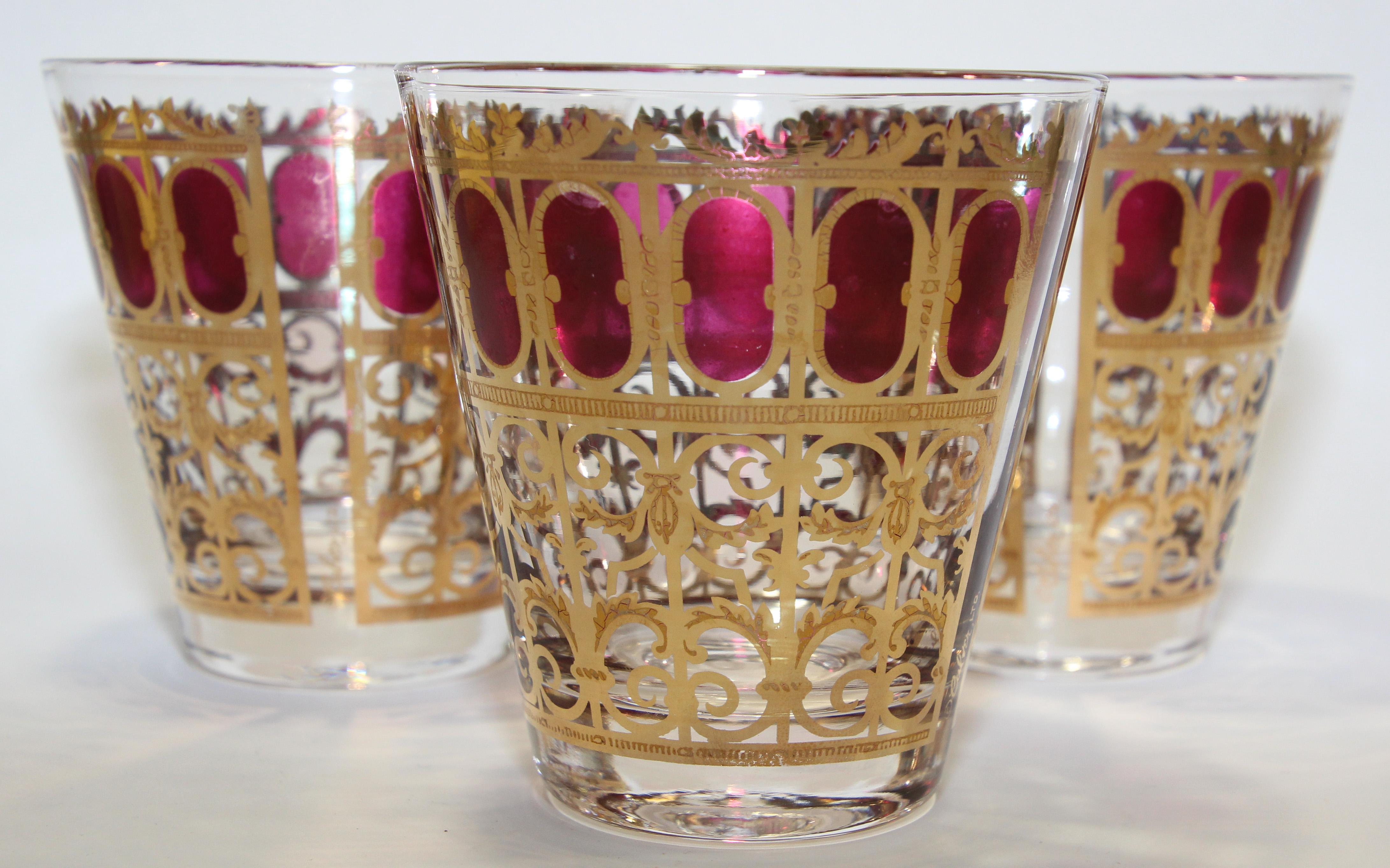 Vintage Set of Three Culver Glasses with 22-Karat Gold and Red Moorish Design 2