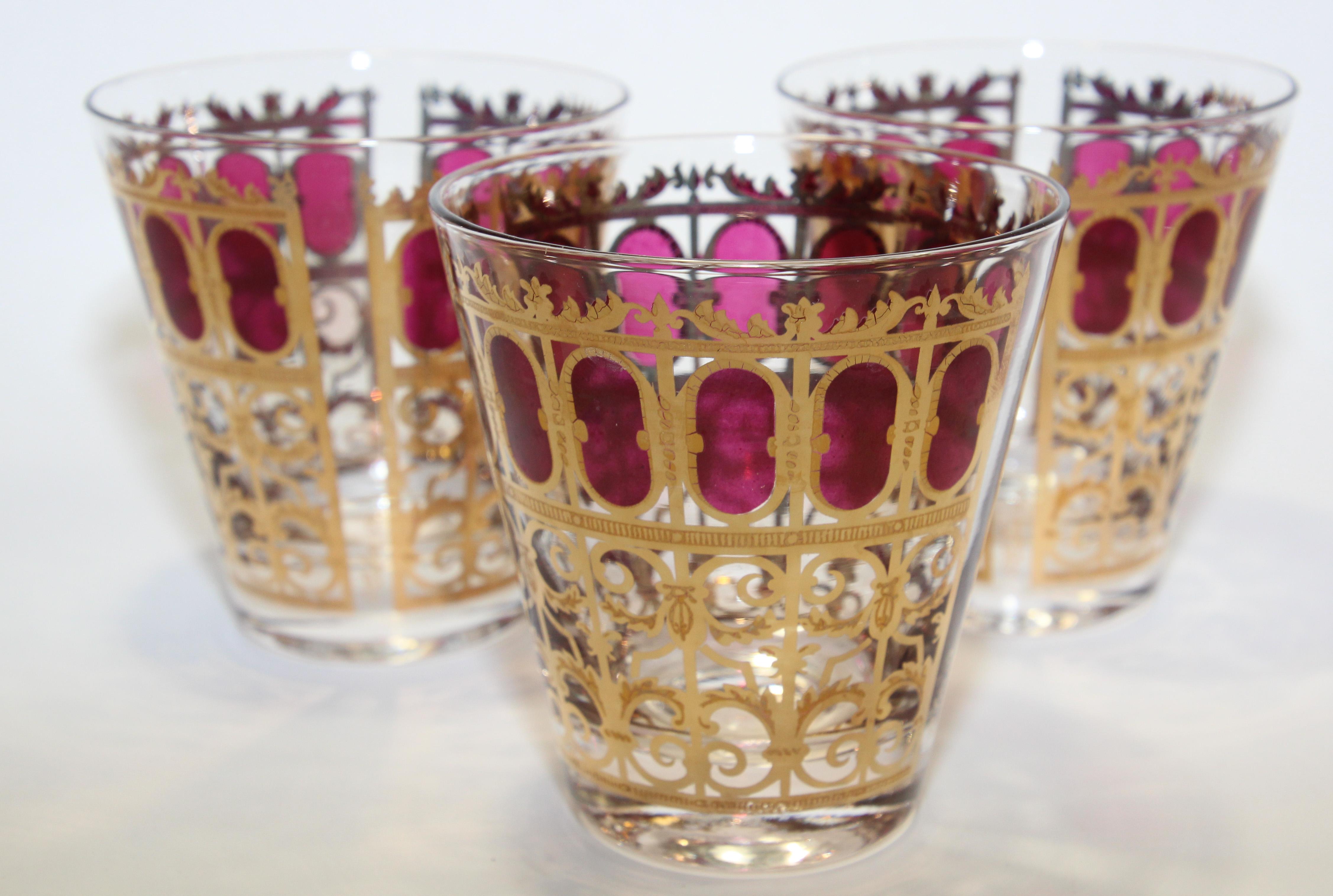 Vintage Set of Three Culver Glasses with 22-Karat Gold and Red Moorish Design 3