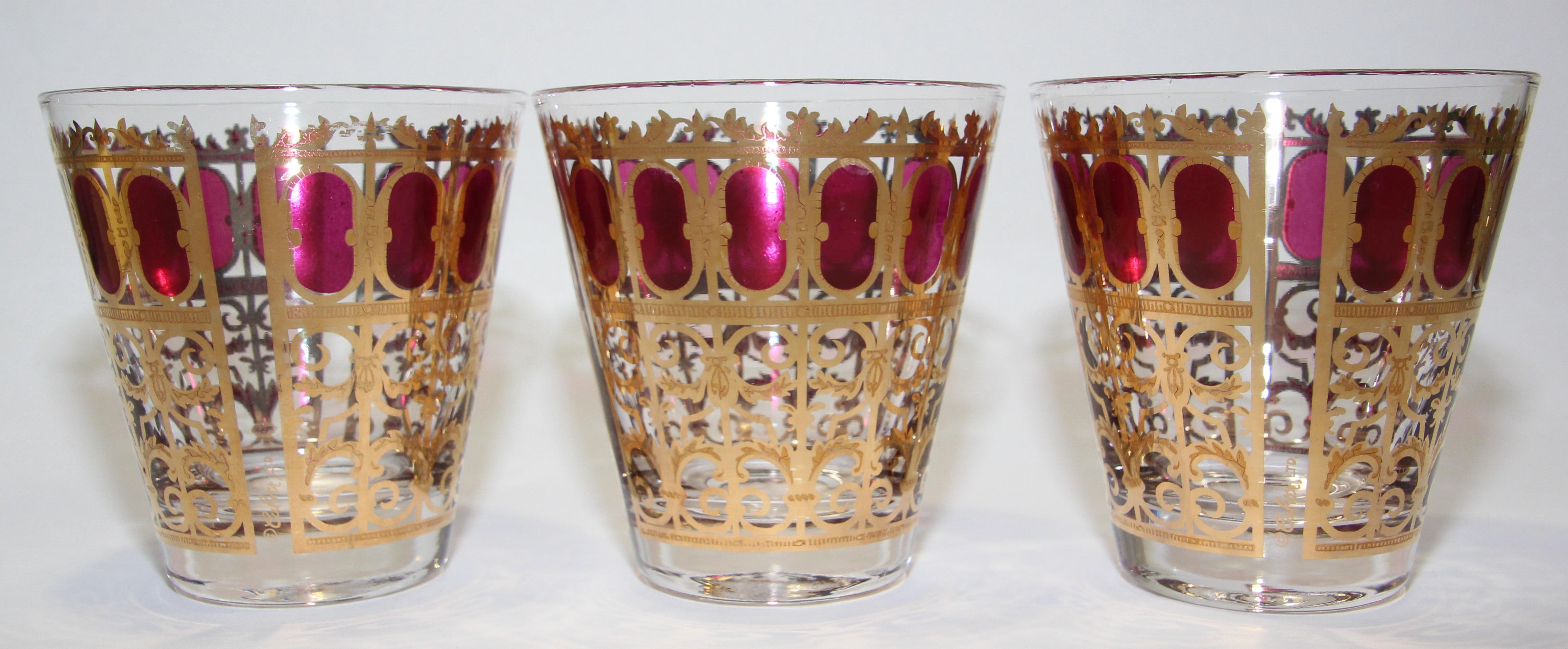 Vintage Set of Three Culver Glasses with 22-Karat Gold and Red Moorish Design 4