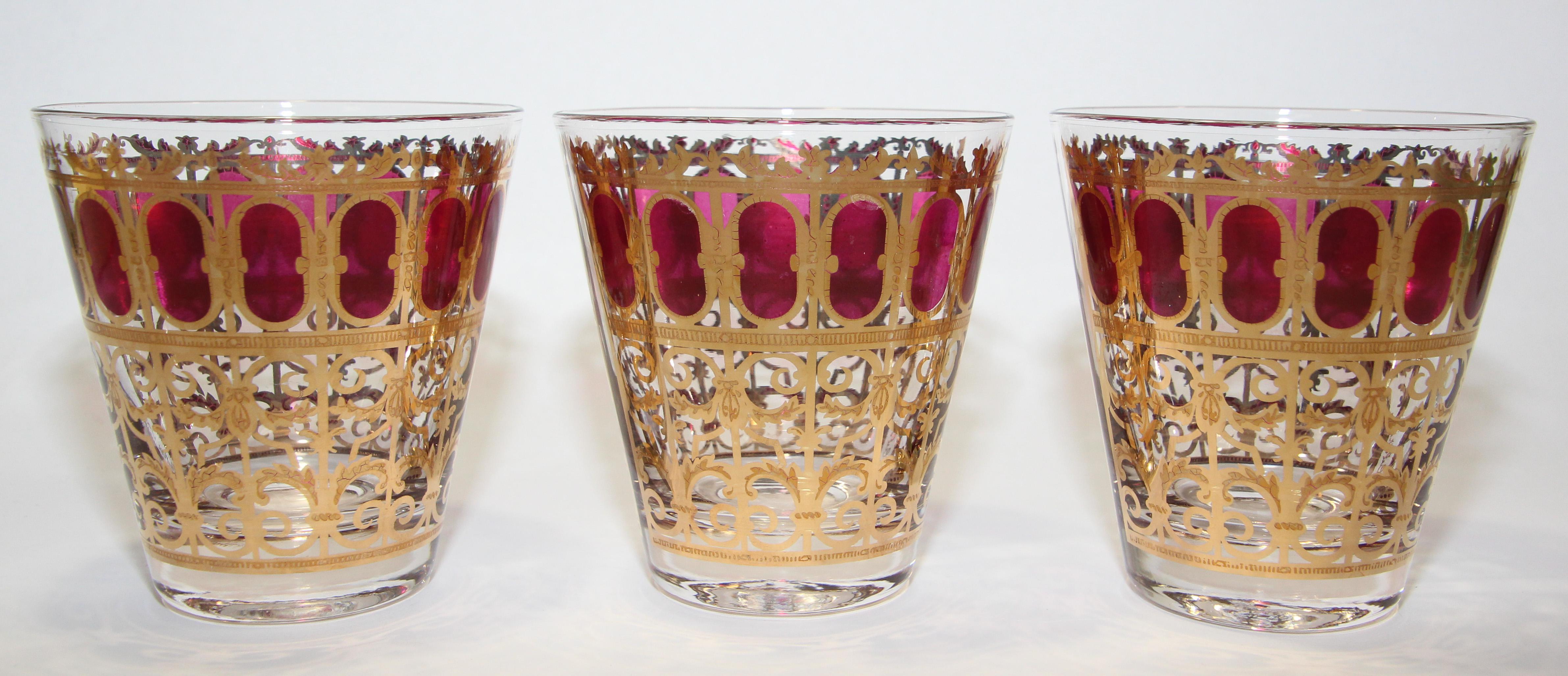 Vintage Set of Three Culver Glasses with 22-Karat Gold and Red Moorish Design 5