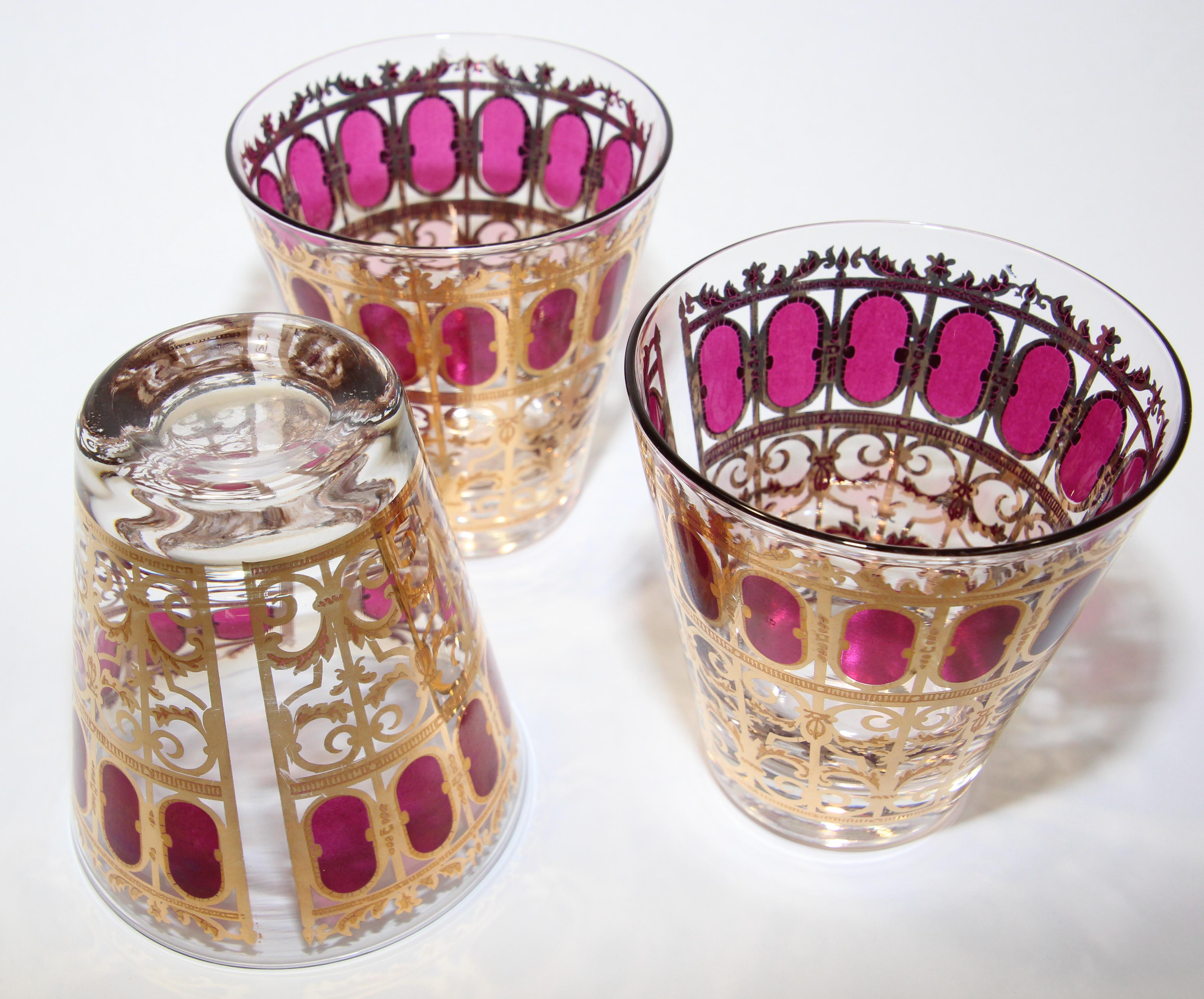 Vintage Set of Three Culver Glasses with 22-Karat Gold and Red Moorish Design 9