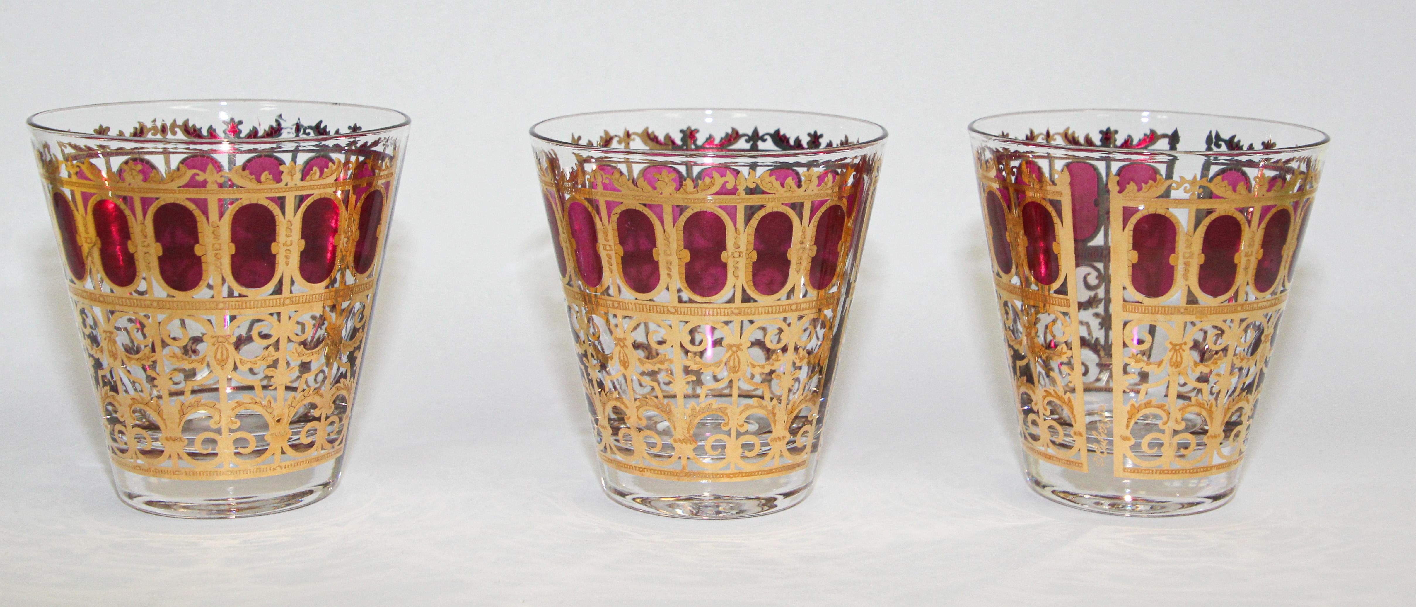 Vintage Set of Three Culver Glasses with 22-Karat Gold and Red Moorish Design 10