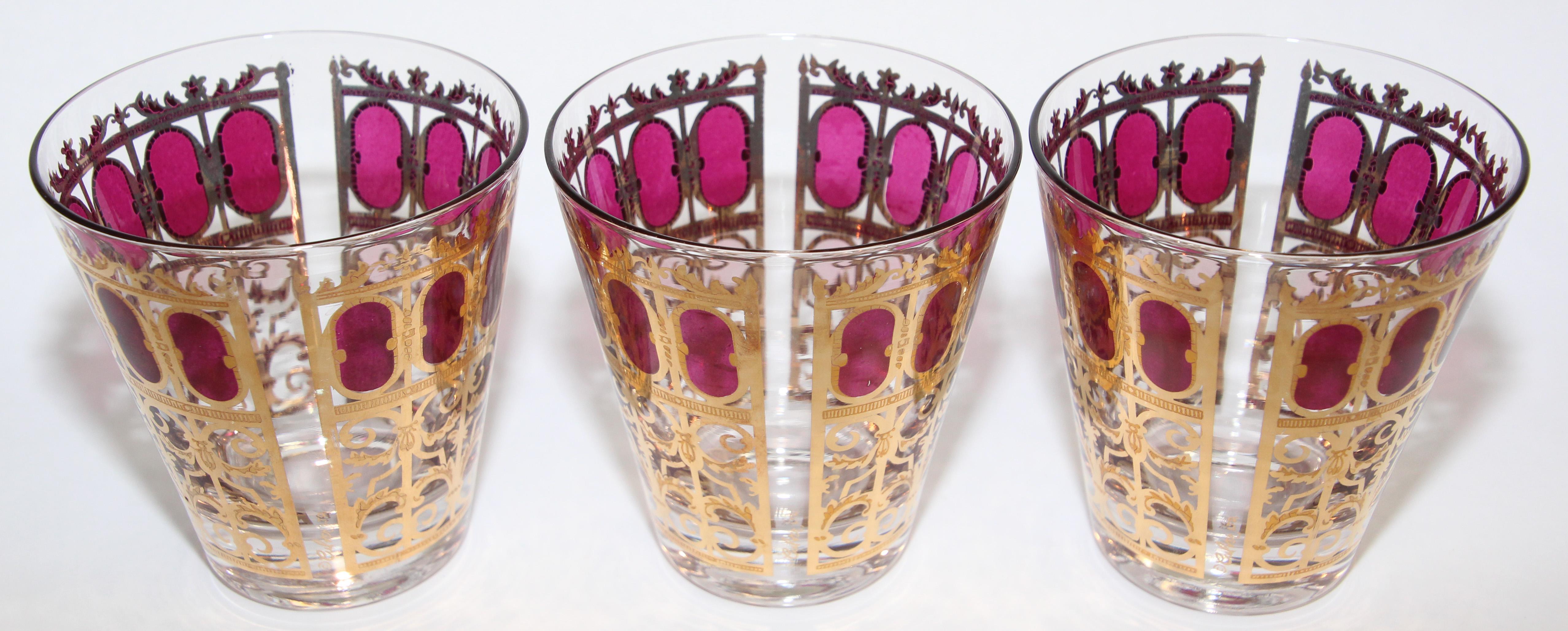American Vintage Set of Three Culver Glasses with 22-Karat Gold and Red Moorish Design