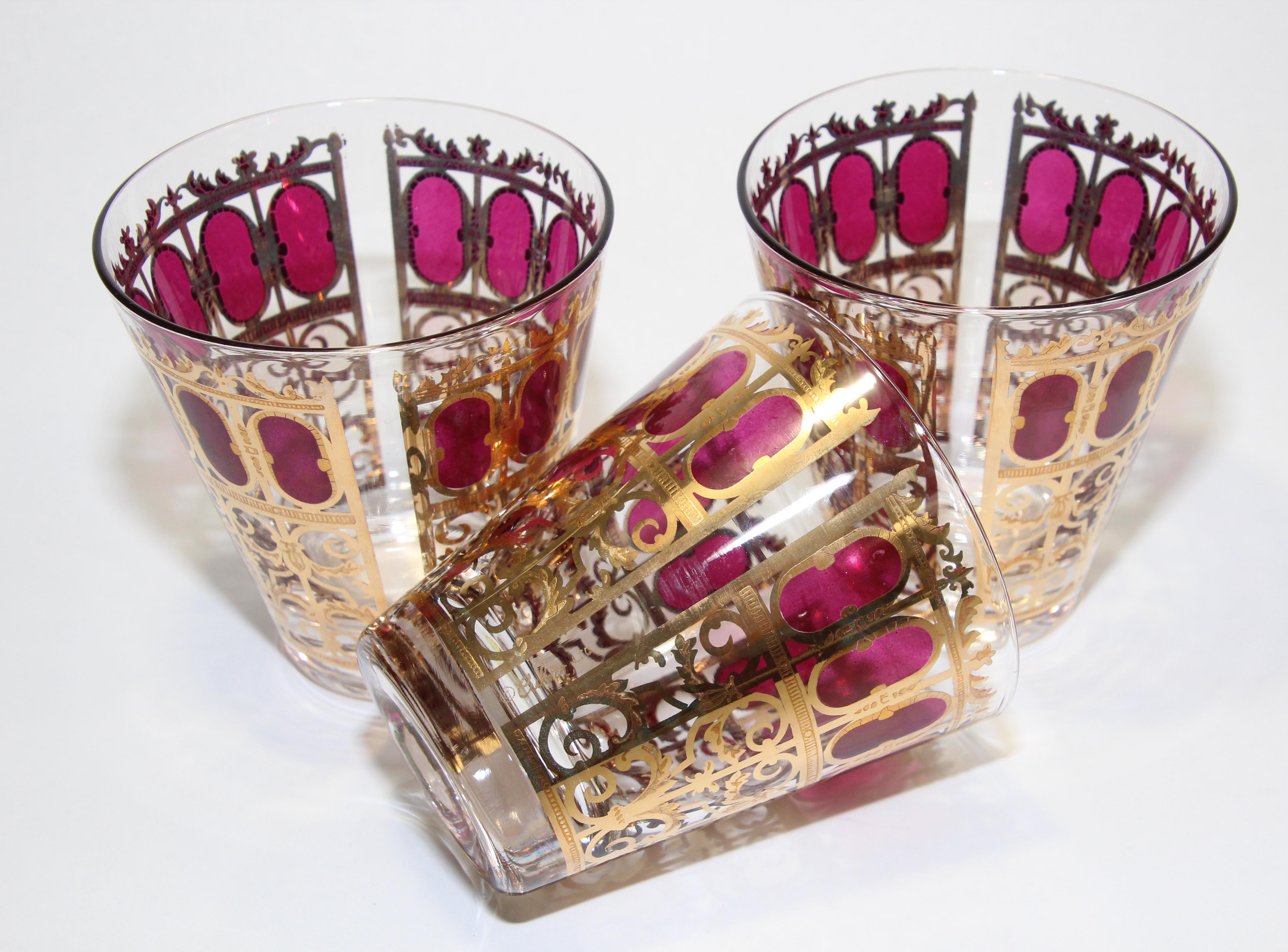 Hand-Painted Vintage Set of Three Culver Glasses with 22-Karat Gold and Red Moorish Design