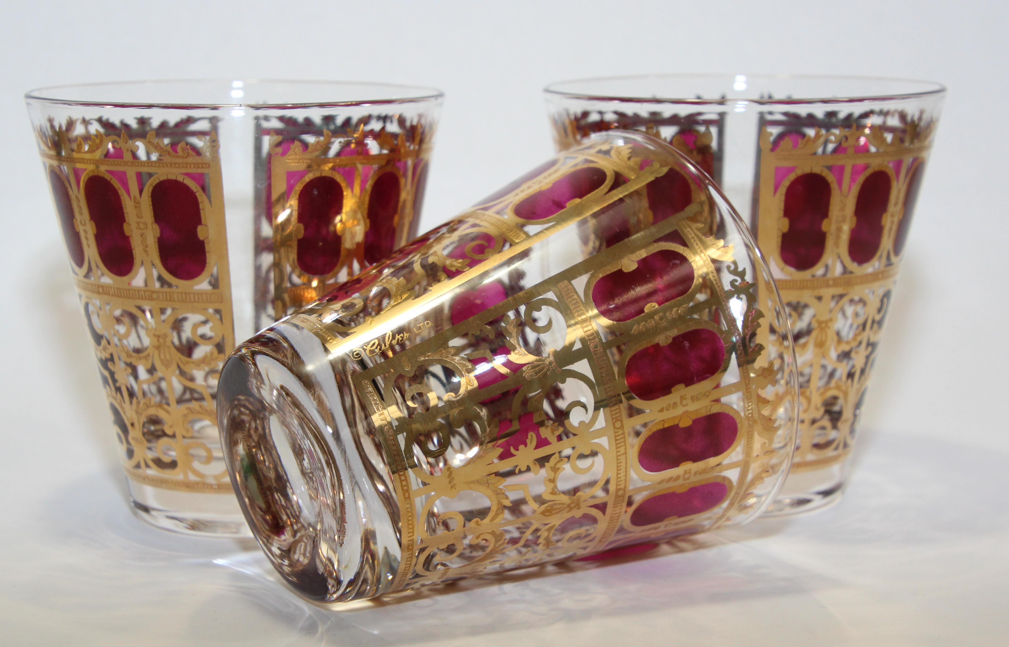 Vintage Set of Three Culver Glasses with 22-Karat Gold and Red Moorish Design In Good Condition In North Hollywood, CA