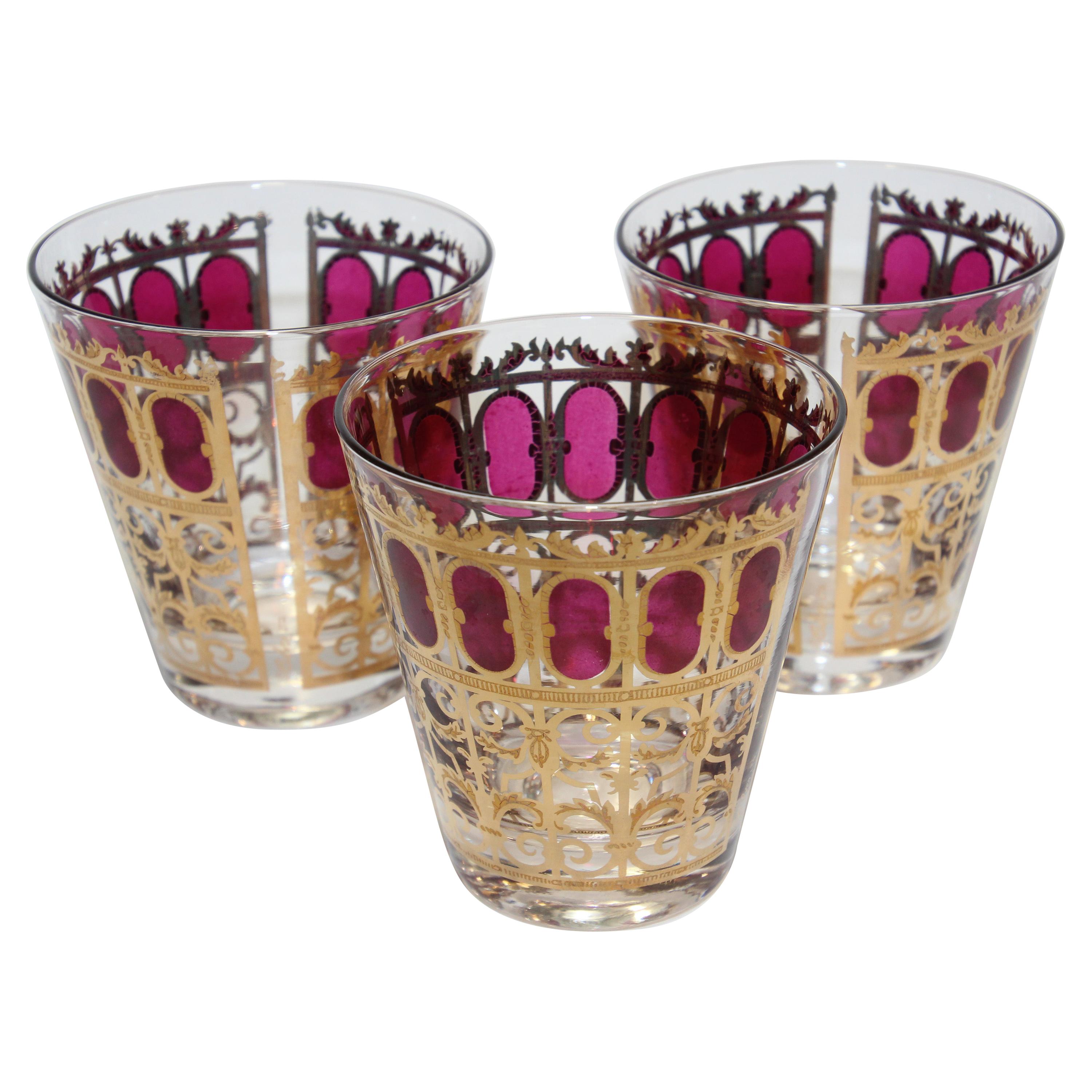 Vintage Set of Three Culver Glasses with 22-Karat Gold and Red Moorish Design