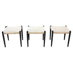 Antique Set of Three Danish Teak & Papercord Stools 1950s