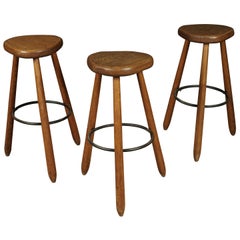 Vintage Set of Three French Bar Stools in Oak, circa 1970