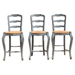 Vintage Set of Three French Country Farmhouse Bar Stool Wood Carving Hand Rush