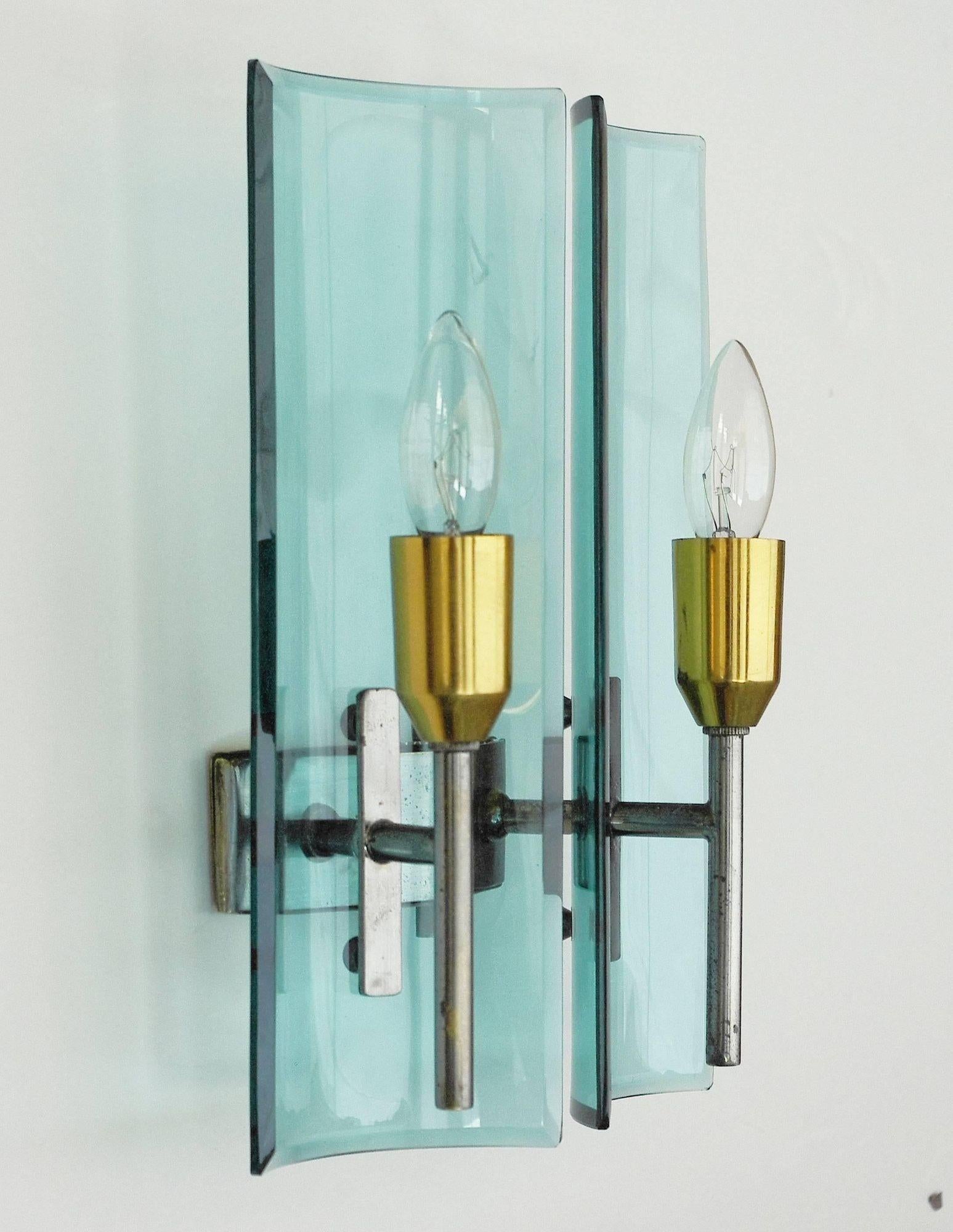 Vintage Italian sconces with two curved and beveled rectangular shaped glasses / Designed by Cristal Arte, circa 1960's / Made in Italy
 
Dimensions:
 
11.5