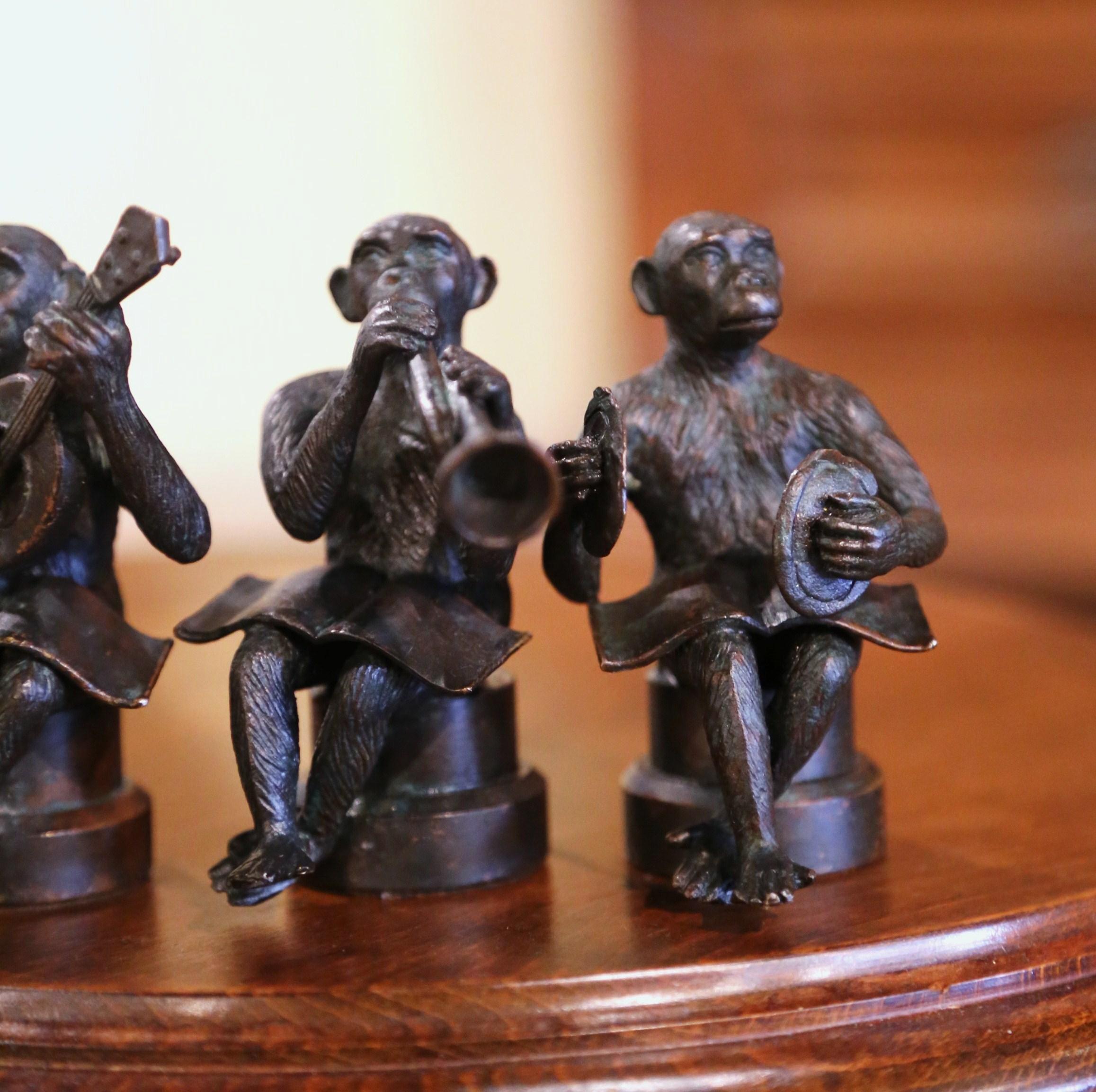 French Vintage Set of Three Miniature Bronze Musician Monkeys Playing Instruments For Sale