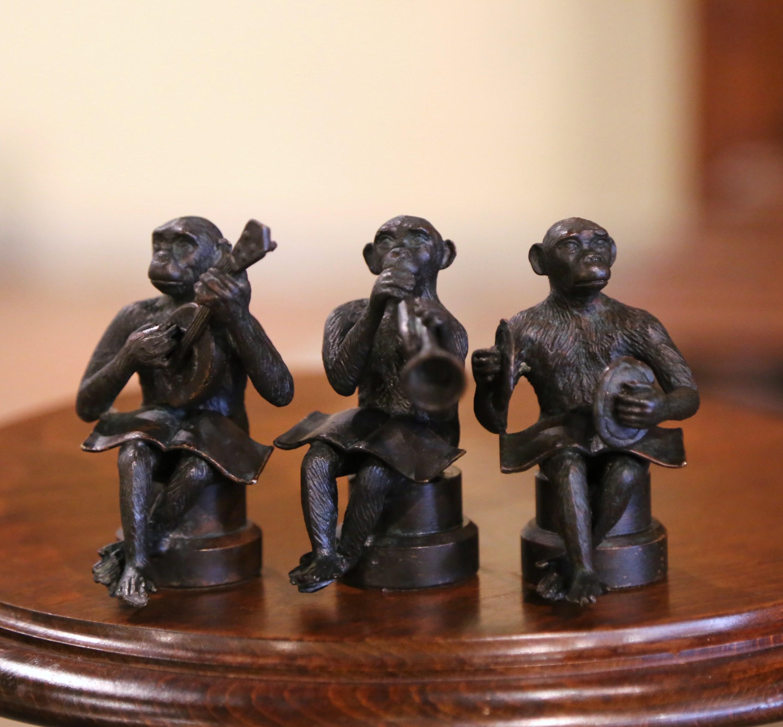 Cast Vintage Set of Three Miniature Bronze Musician Monkeys Playing Instruments For Sale