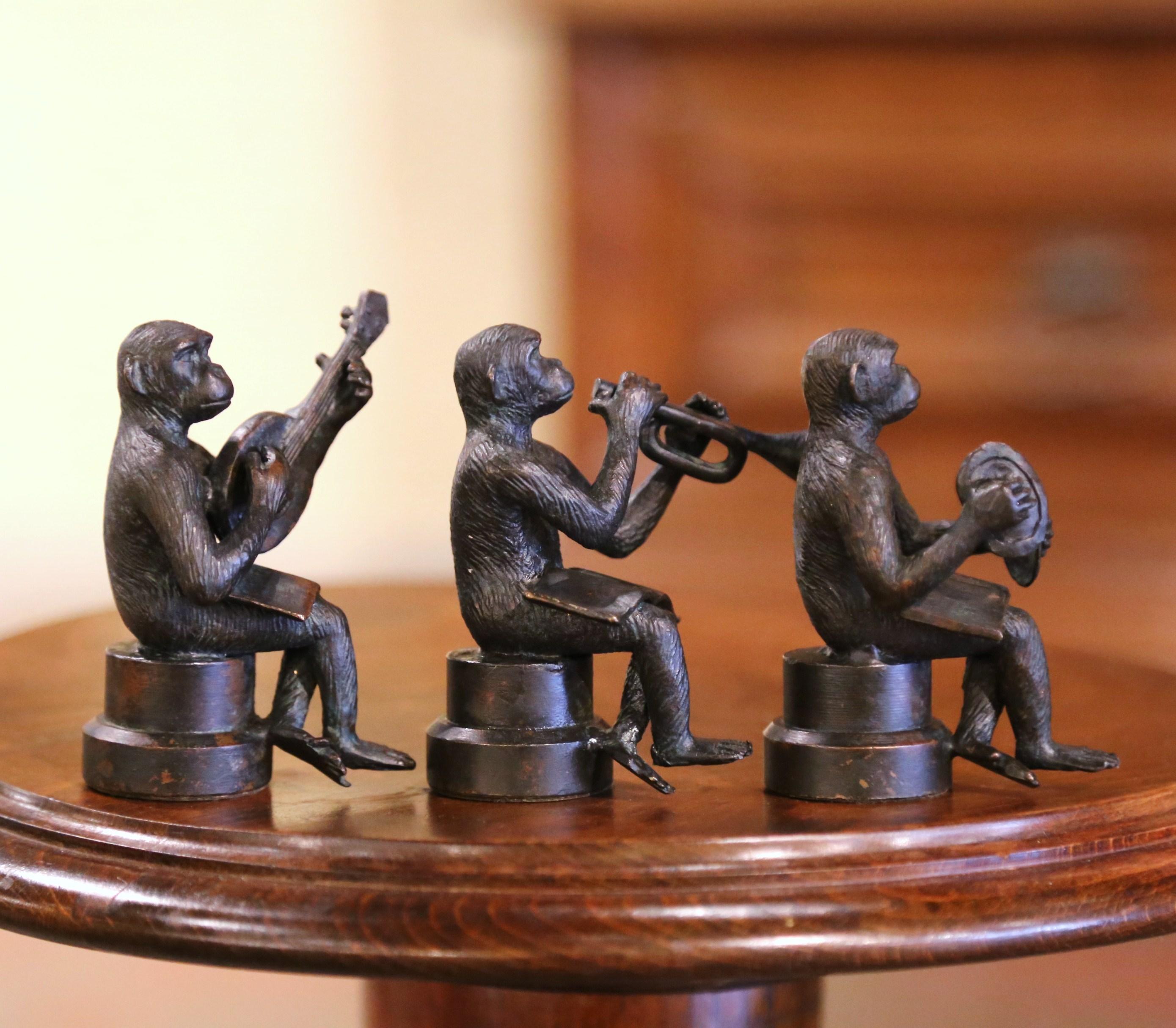 Vintage Set of Three Miniature Bronze Musician Monkeys Playing Instruments In Excellent Condition For Sale In Dallas, TX