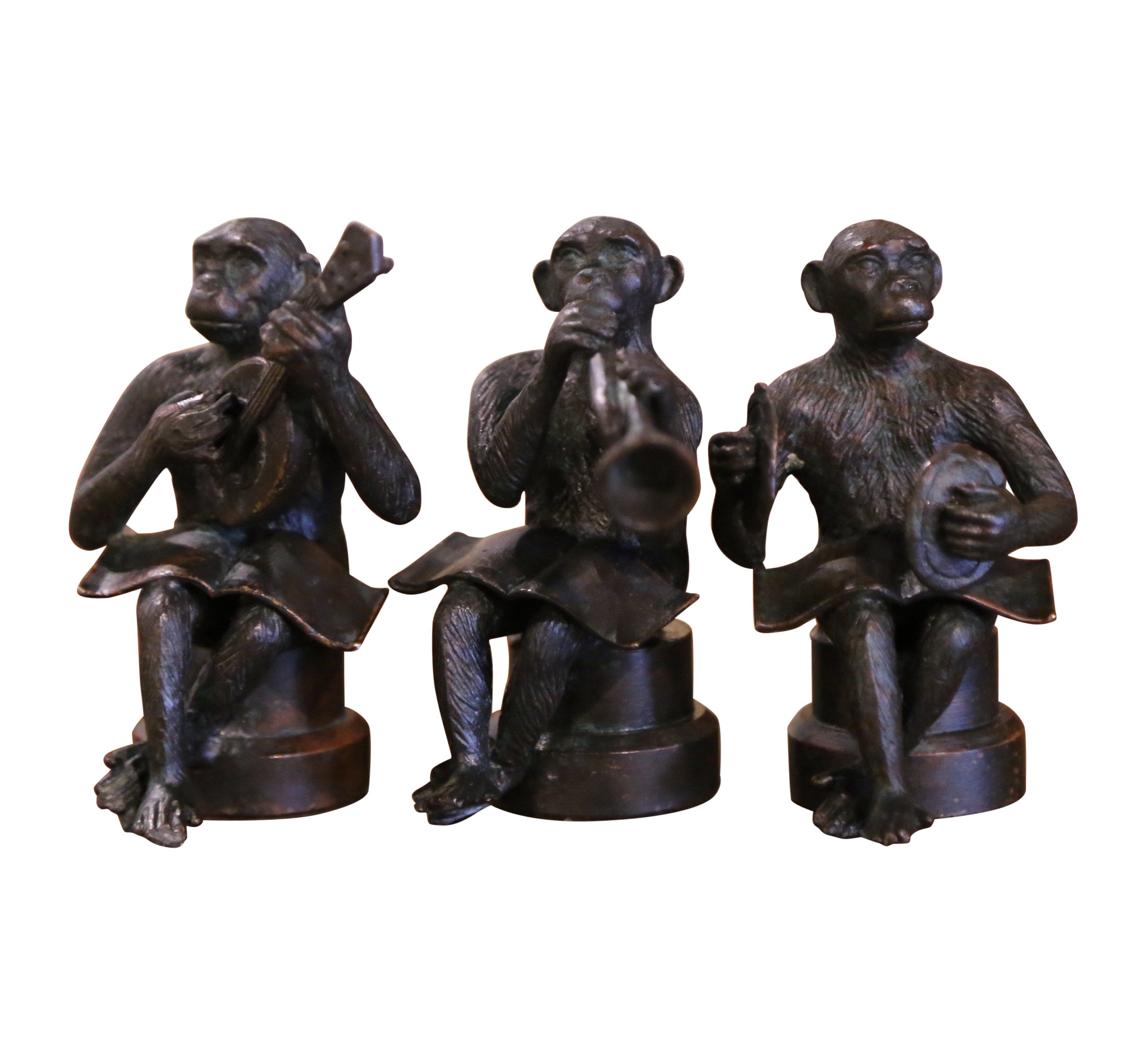 Vintage Set of Three Miniature Bronze Musician Monkeys Playing Instruments