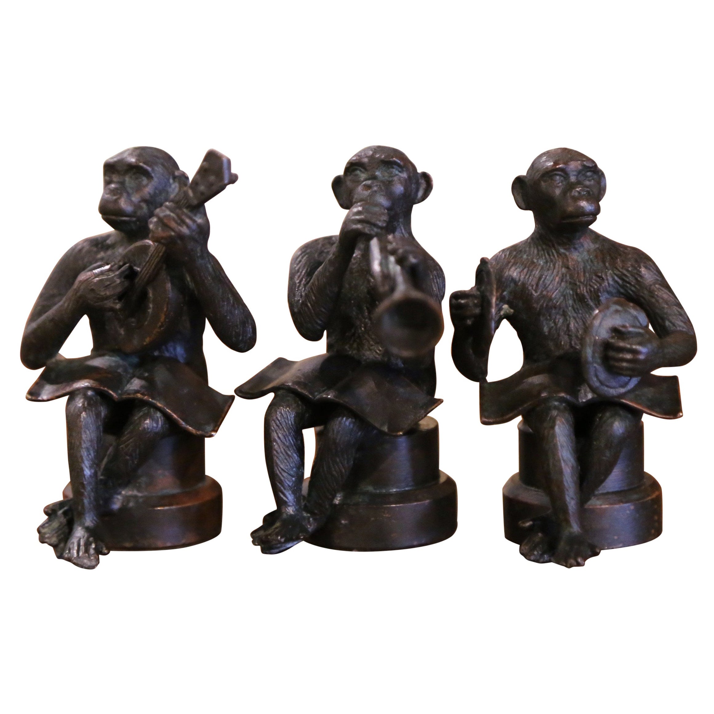 Vintage Set of Three Miniature Bronze Musician Monkeys Playing Instruments