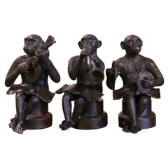 Vintage Set of Three Miniature Bronze Musician Monkeys Playing Instruments