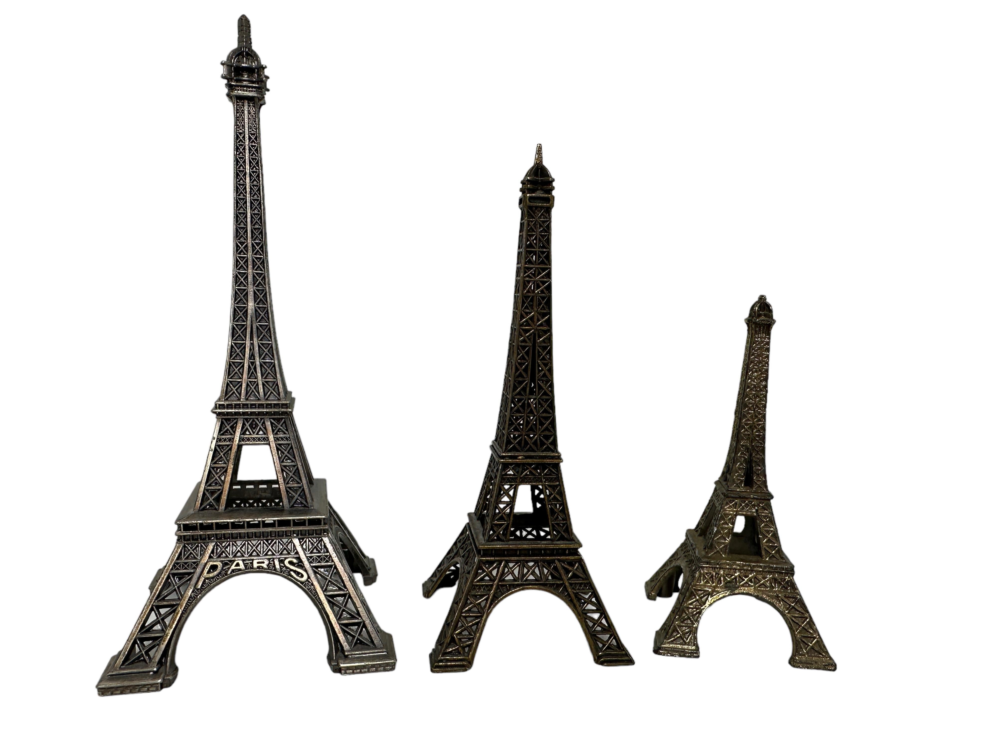 Mid-Century Modern Vintage Set of Three Paris Eiffel Tower French Souvenir Building Metal, 1960s For Sale