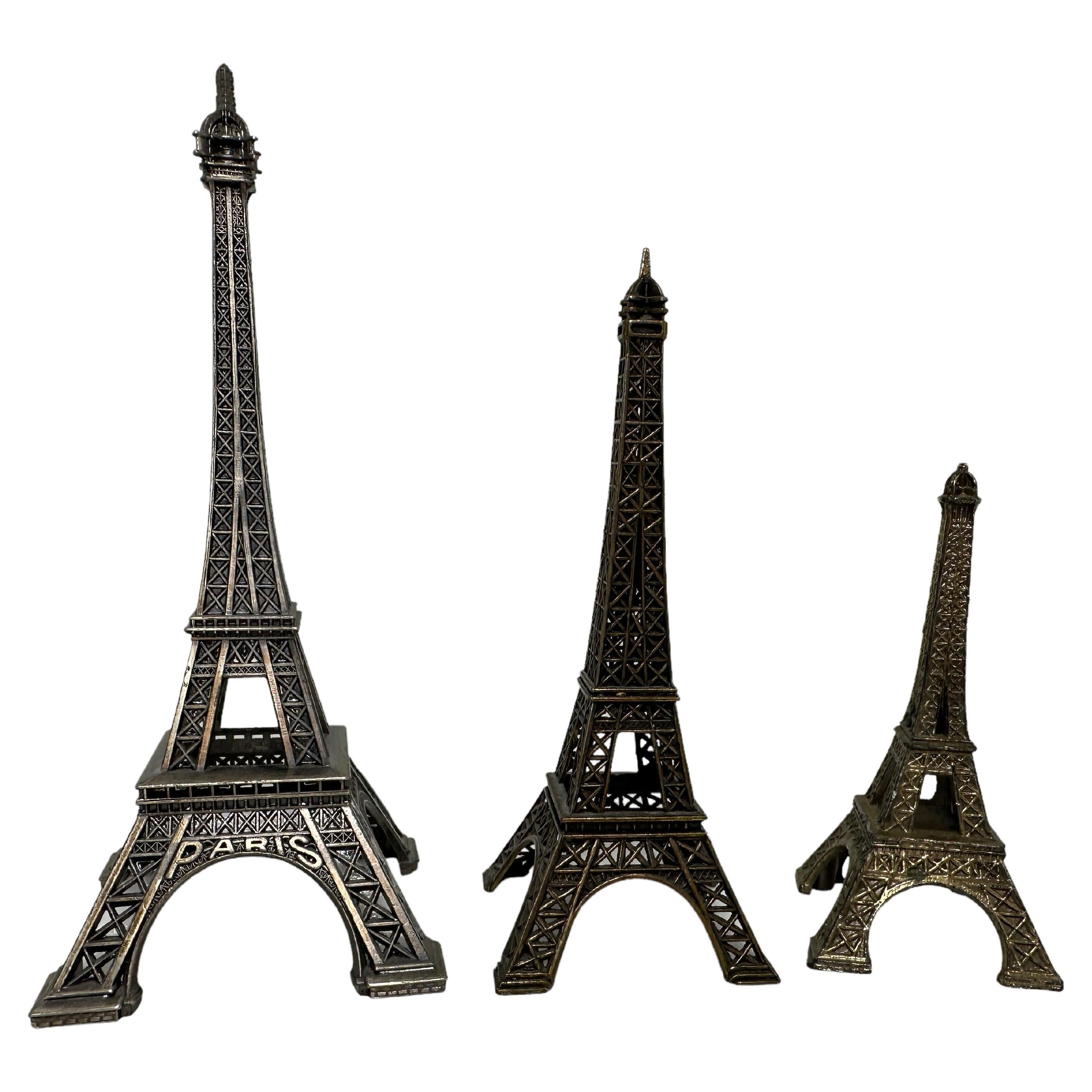 Vintage Set of Three Paris Eiffel Tower French Souvenir Building Metal, 1960s