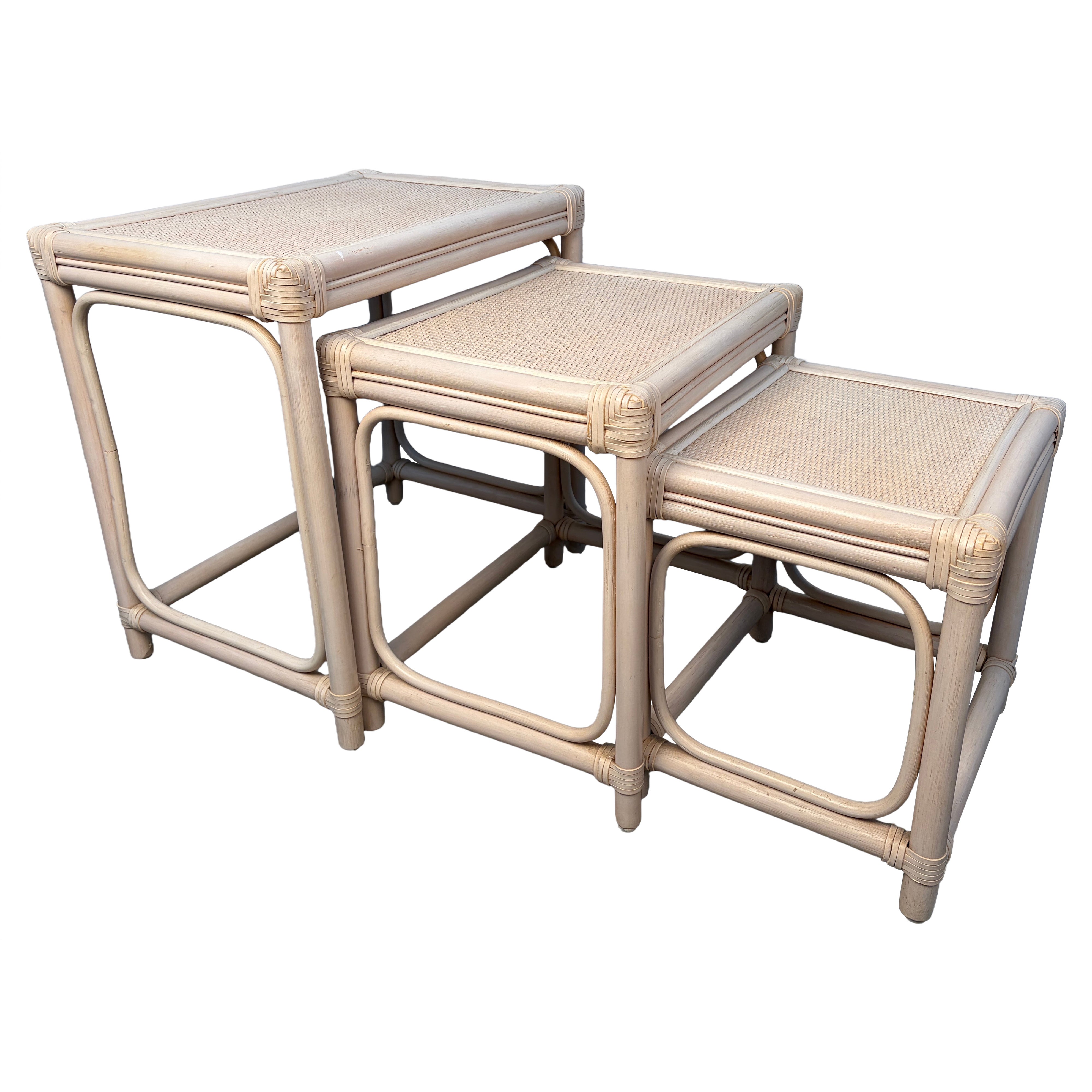 Vintage Set of Three Rattan and Cane Nesting Tables