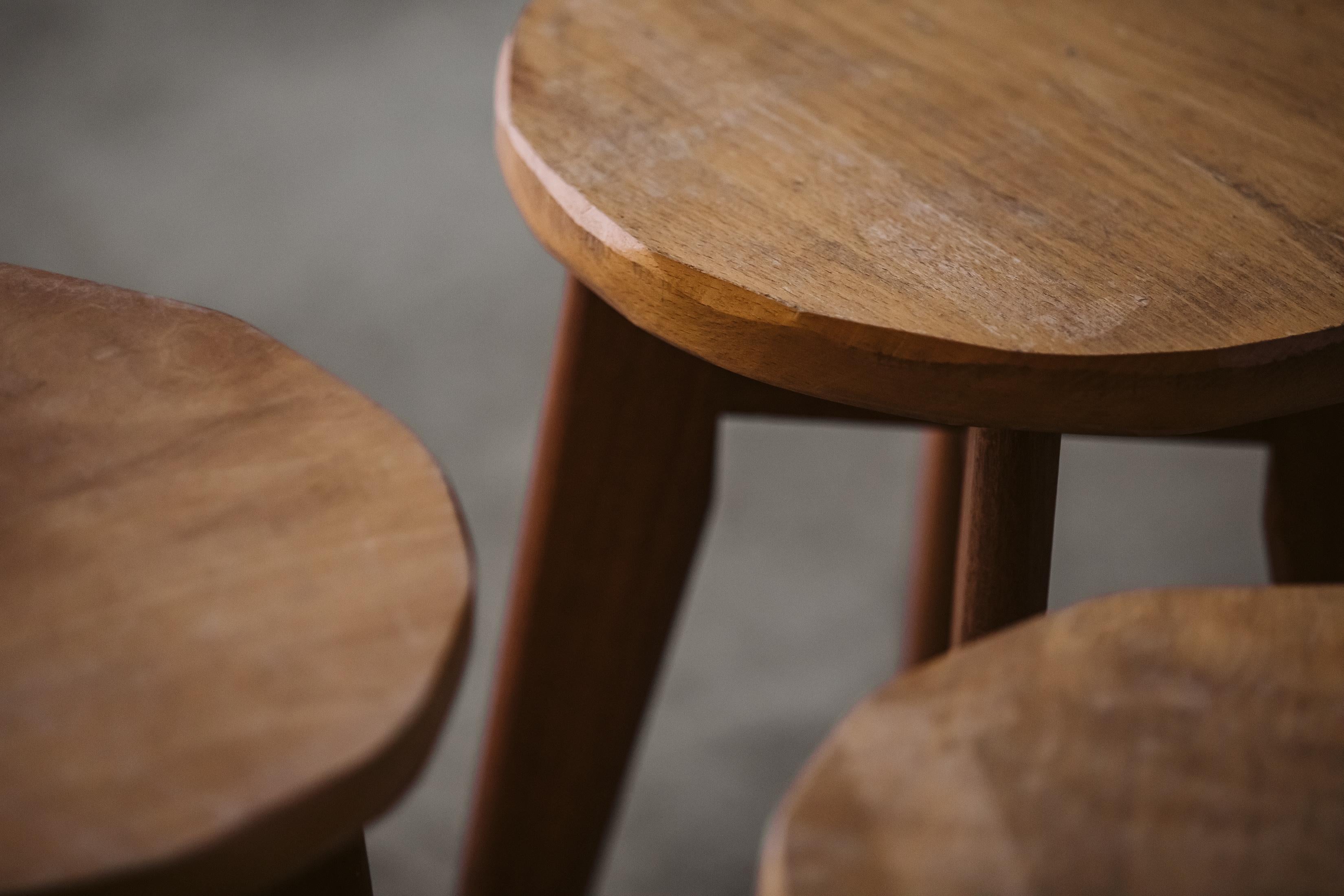 Oak Vintage Set Of Three Stools From France, circa 1960 For Sale