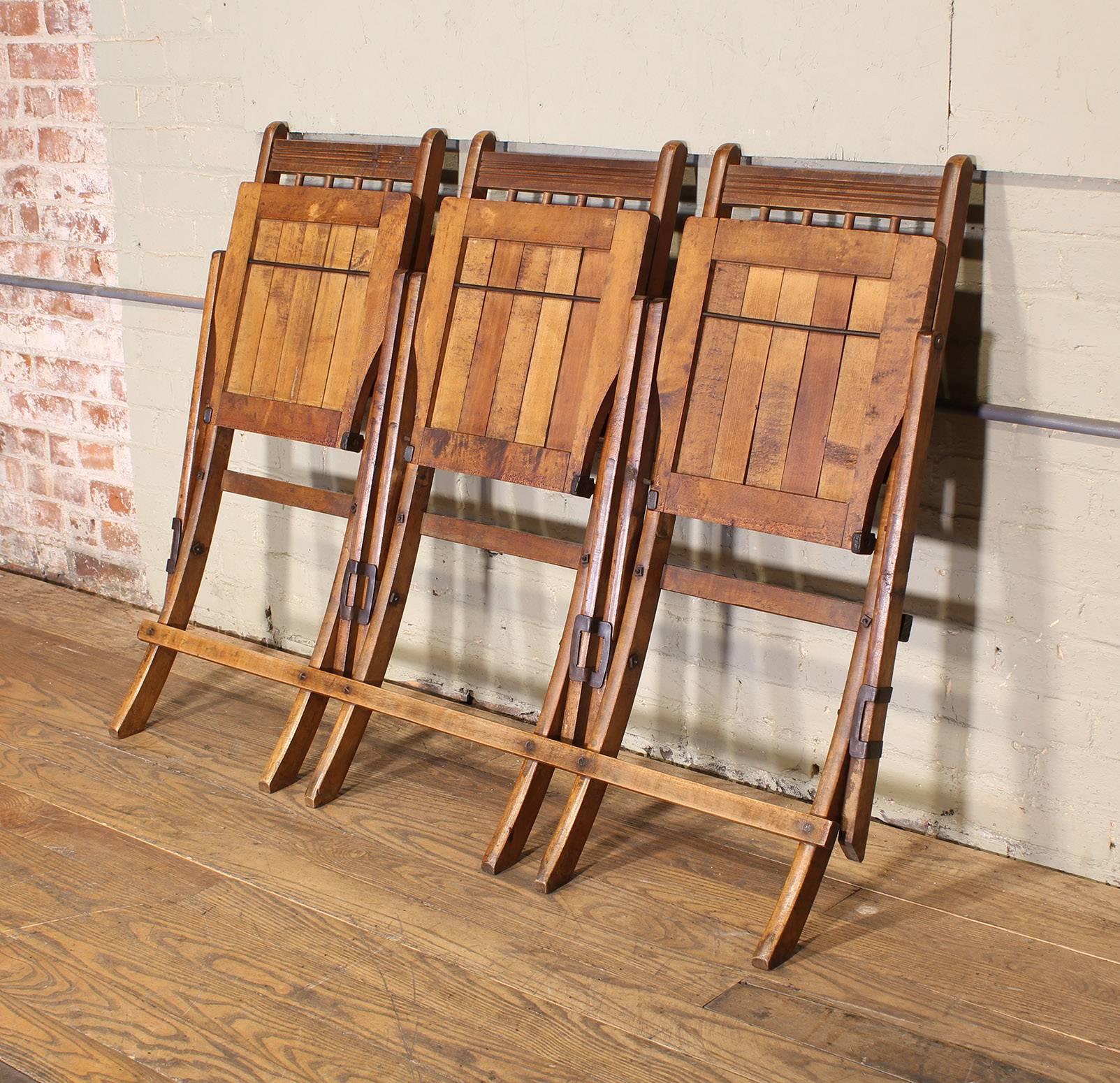 American Vintage Set of Three Tandem Stadium Folding Chairs, Seats, Bench