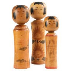 Retro Set of Traditional Hand-Painted Japanese "Naruko" Kokeshi Dolls, c.1950s