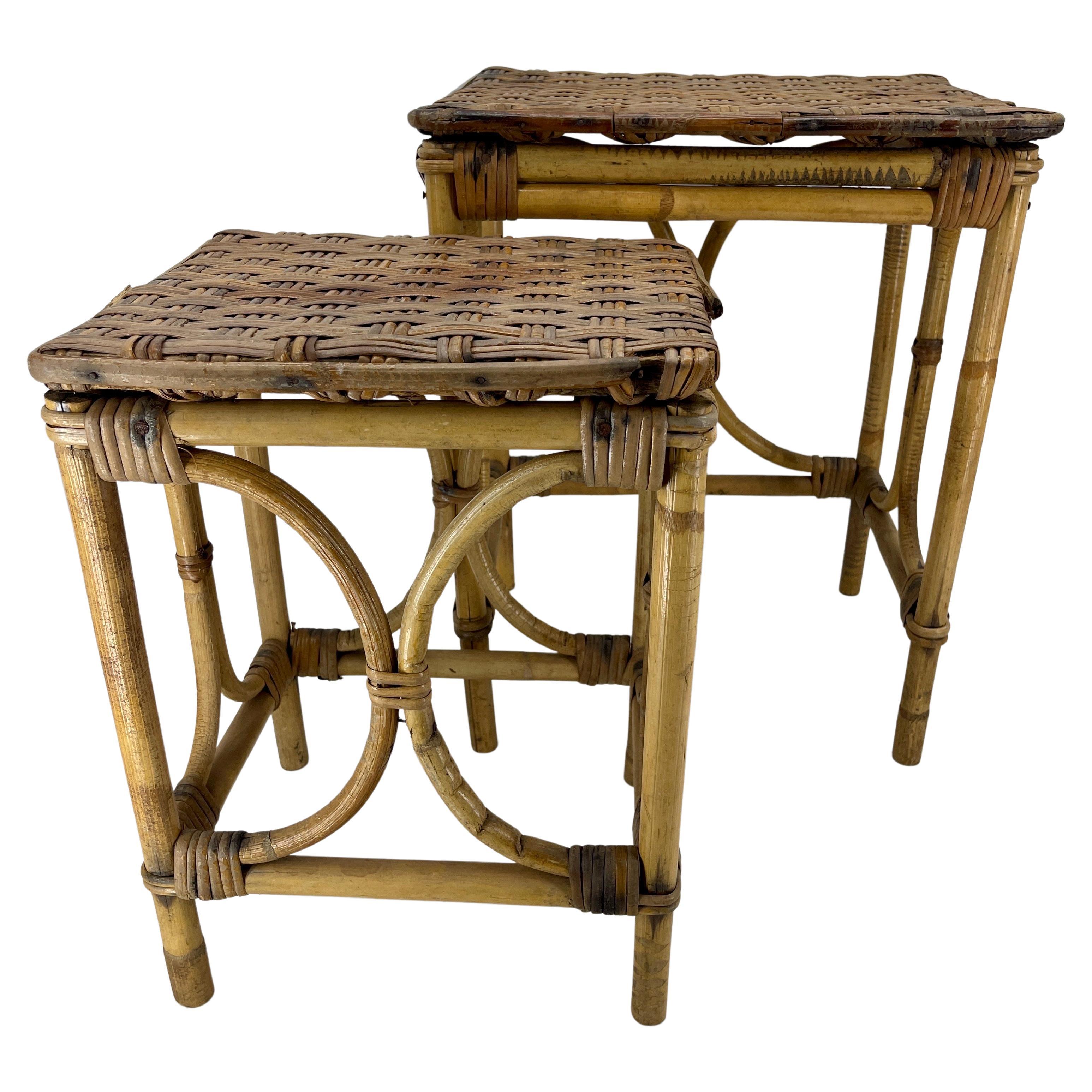 Vintage Set of Two Bamboo and Woven Rattan Nesting Tables, 1960s For Sale 1