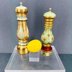 Vintage Set of Two Italian Florentine Paint Gilt Wood Pepper Mill Shakers