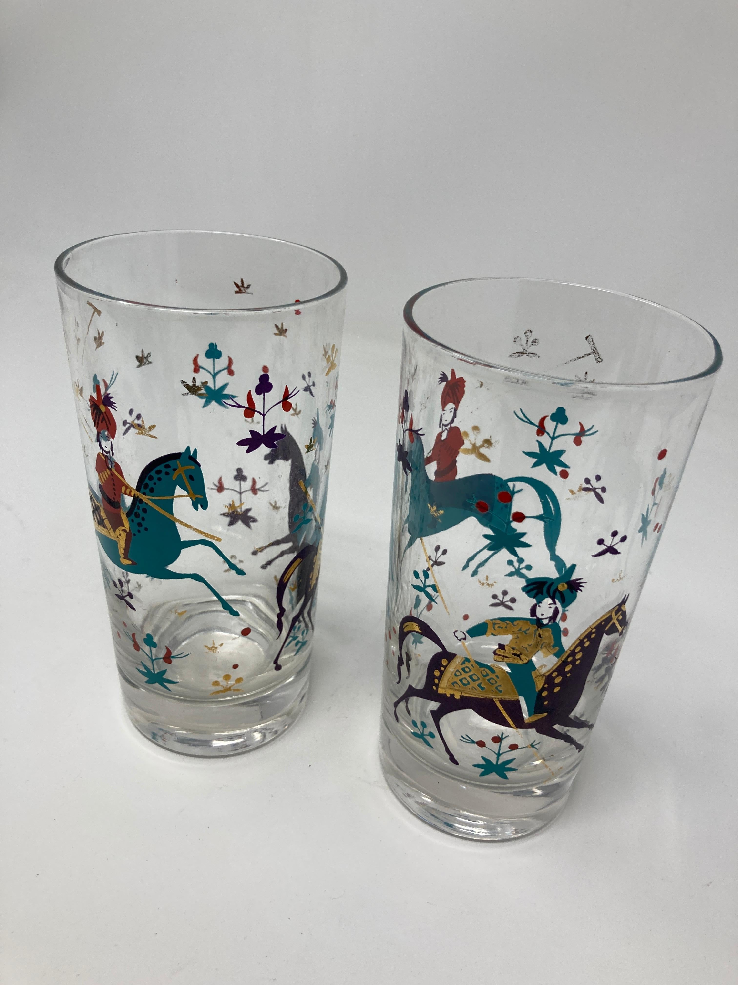 Mid-Century Modern Vintage Set of Two Turquoise and Gold Arabian Nights Highball Cocktail Glasses
