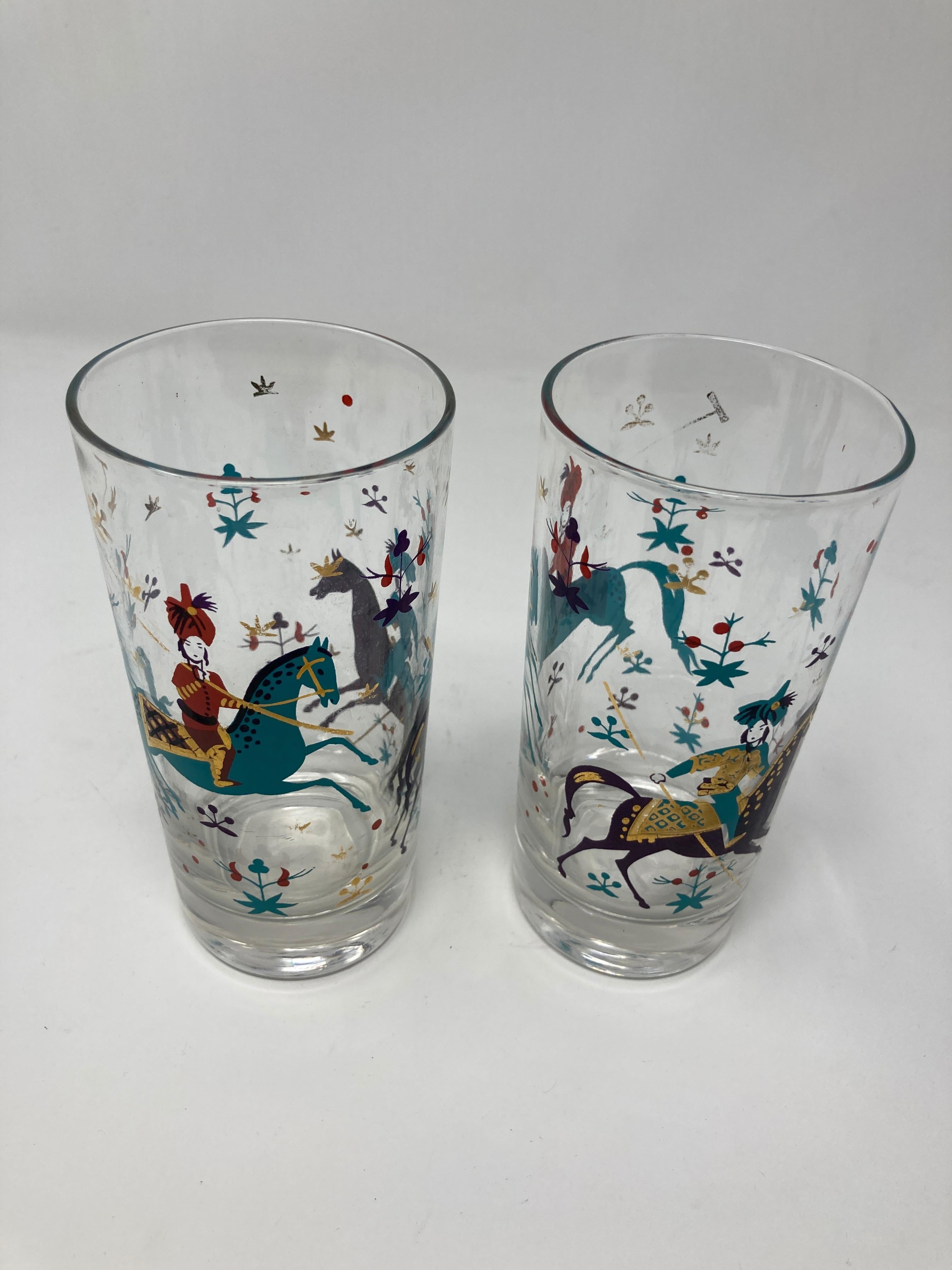 American Vintage Set of Two Turquoise and Gold Arabian Nights Highball Cocktail Glasses