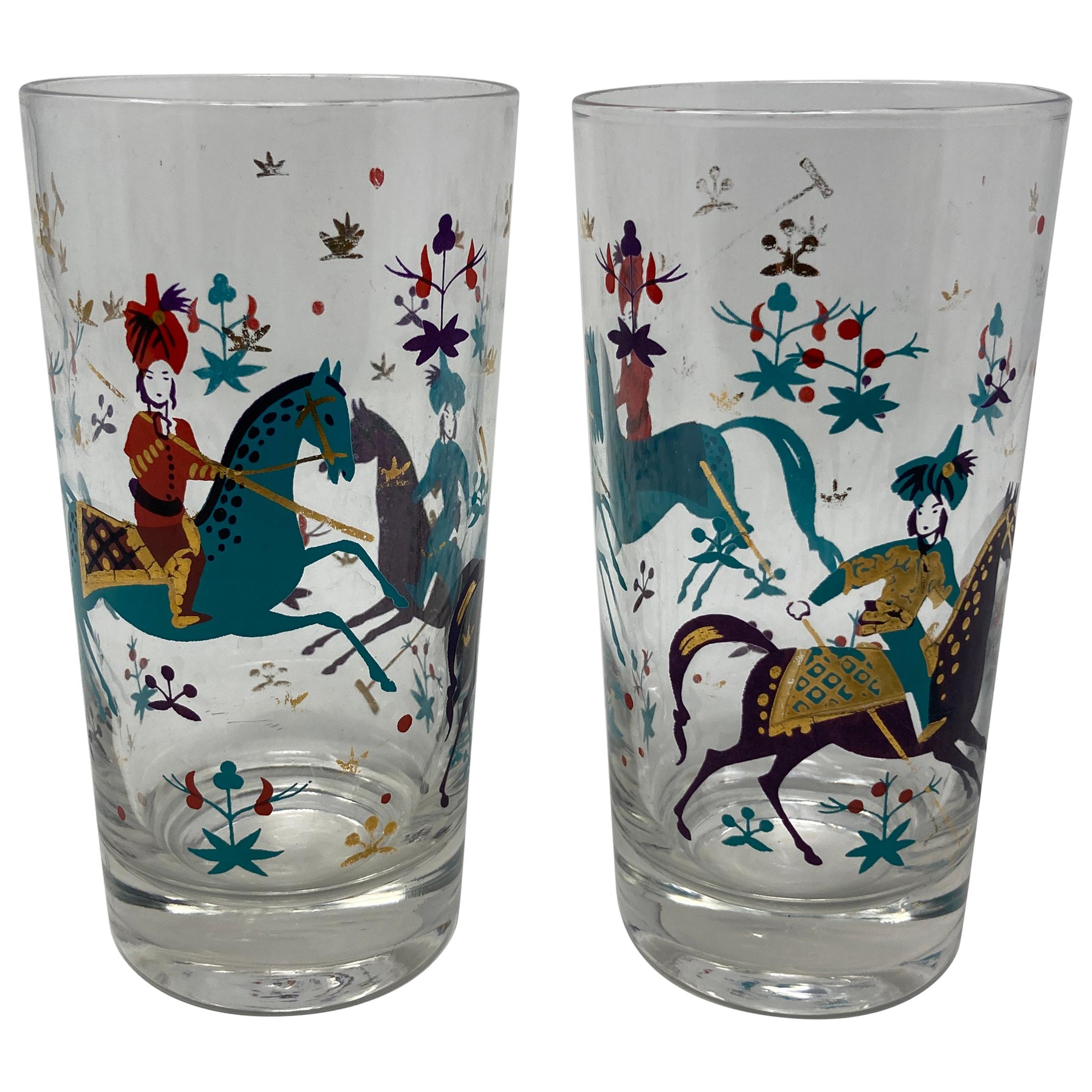 Vintage Set of Two Turquoise and Gold Arabian Nights Highball Cocktail Glasses