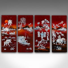 Set Vintage-Wandtafeln, chinesisch, lackiert, Perlmutt, orientalisch, Vintage