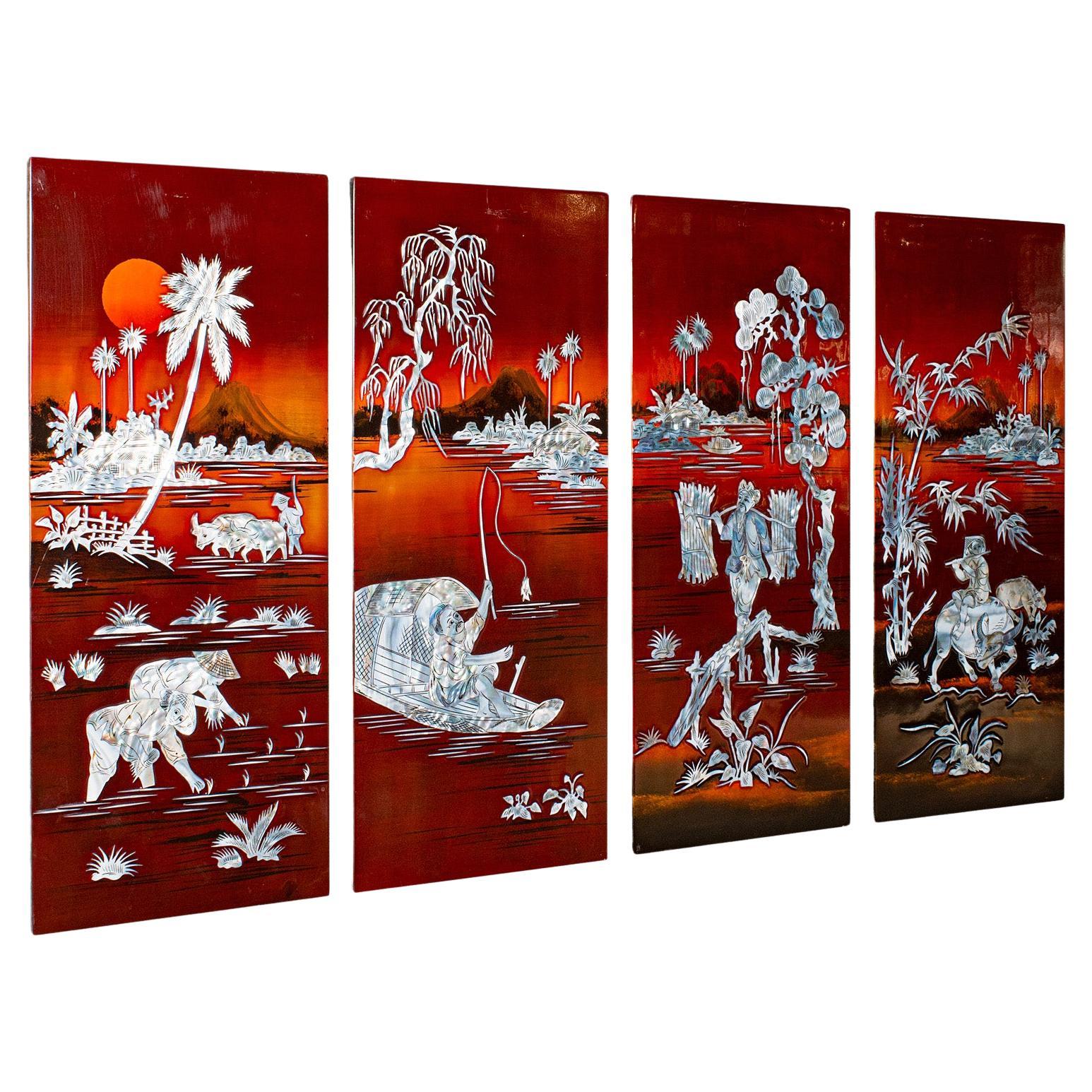 Vintage Set Of Wall Panels, Chinese, Lacquer, Mother of Pearl, Oriental Display