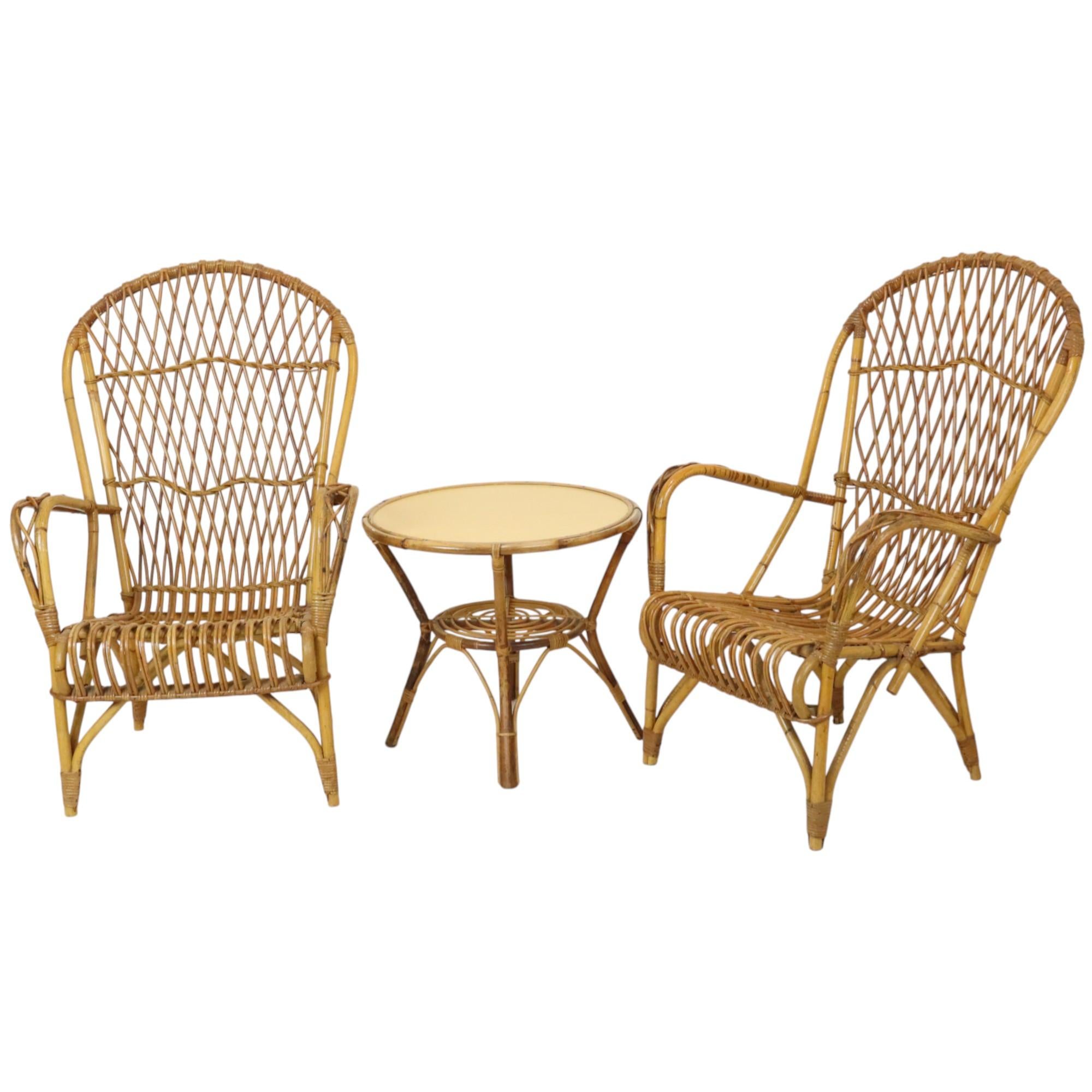 French Vintage Set Rattan Chairs Armchairs Table Boho Design Sixties For Sale
