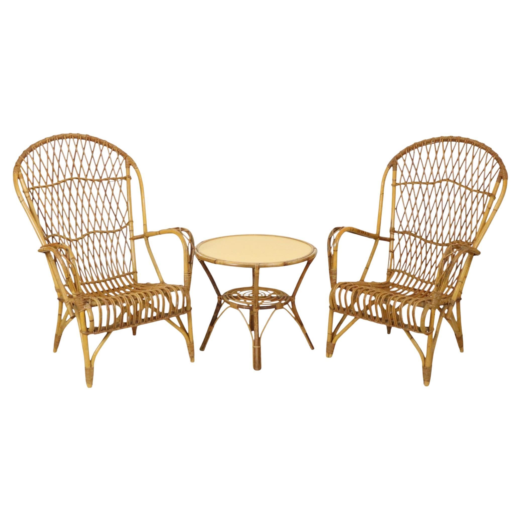 Vintage Set Rattan Chairs Armchairs Table Boho Design Sixties For Sale