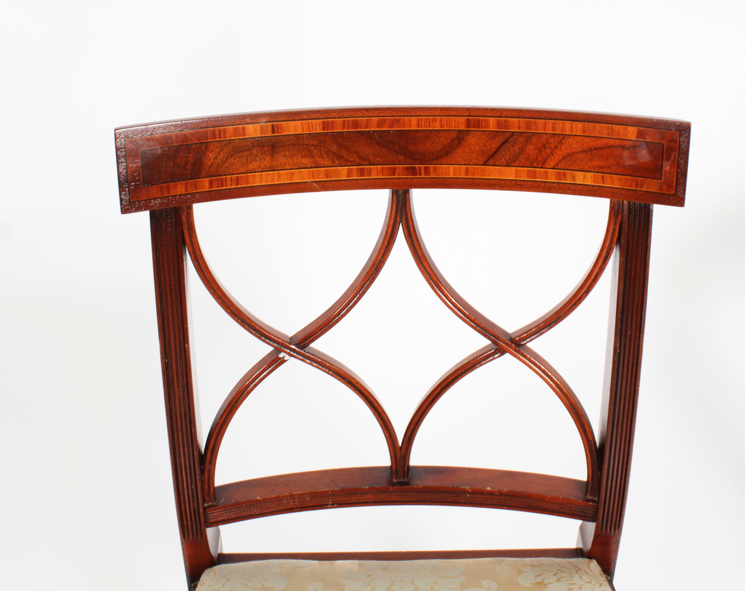 English Vintage Set Six Regency Revival Mahogany Inlaid Dining Chairs 20th Century