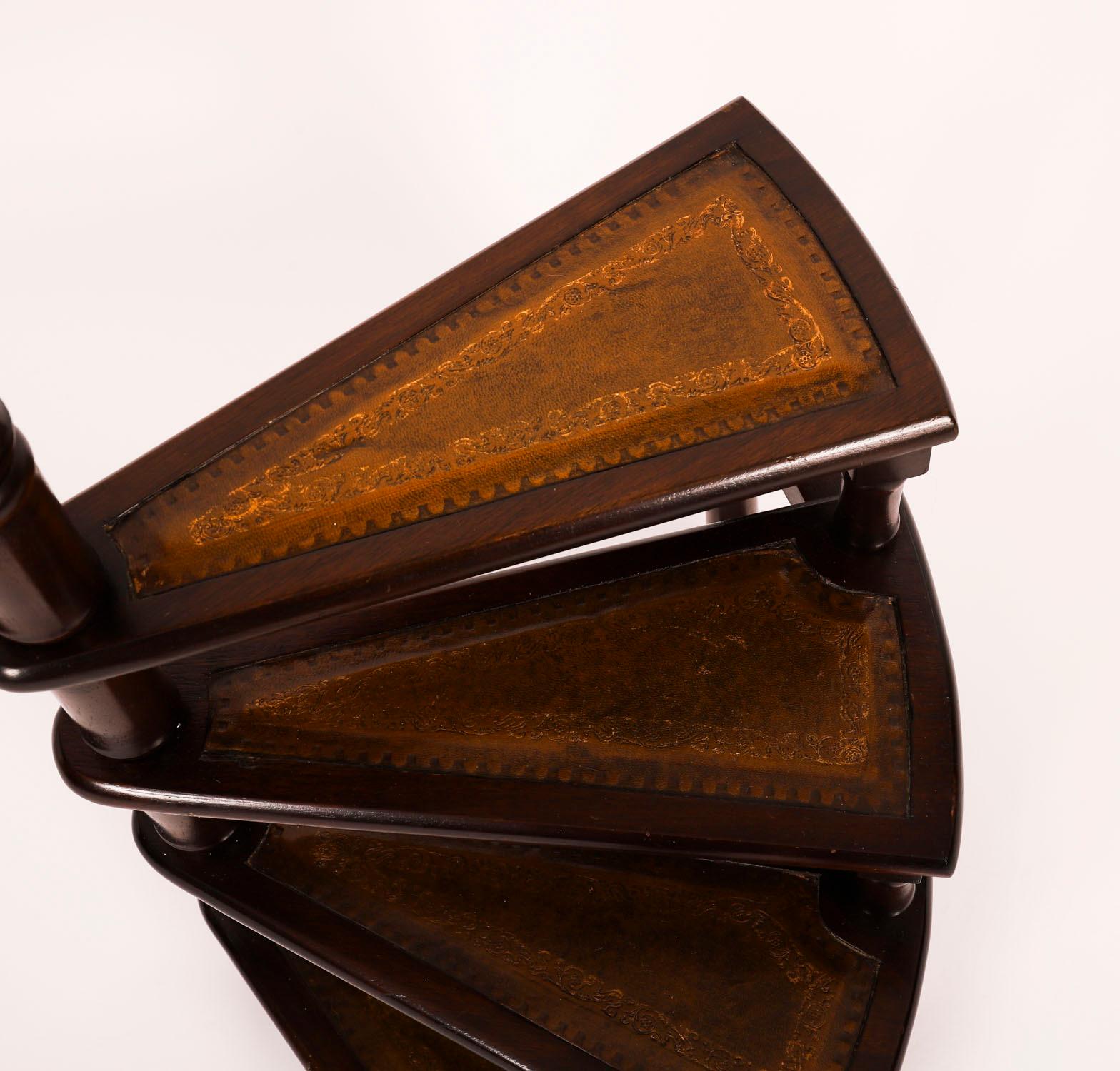 Leather Vintage Set Spiral Mahogany Library Steps 20th Century For Sale