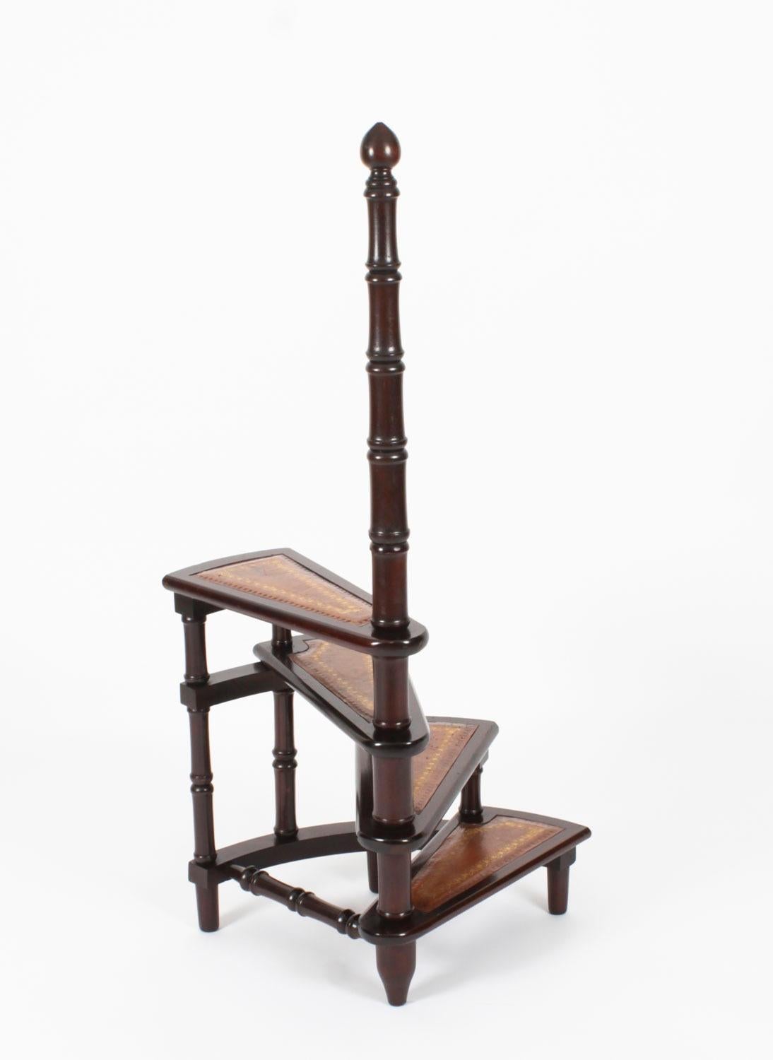 Vintage Set Spiral Mahogany Library Steps 20th Century 5