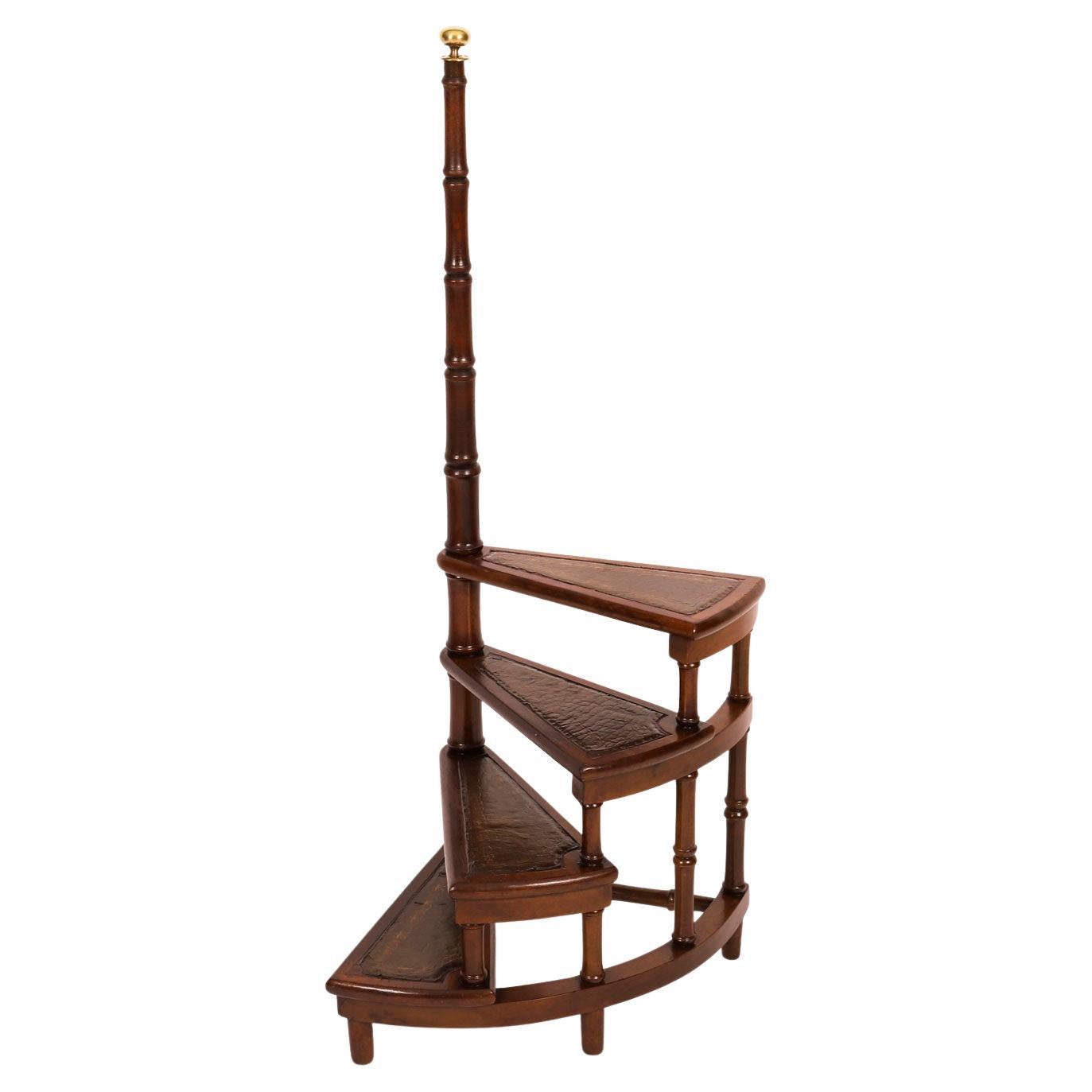 Vintage Set Spiral Mahogany Library Steps 20th Century
