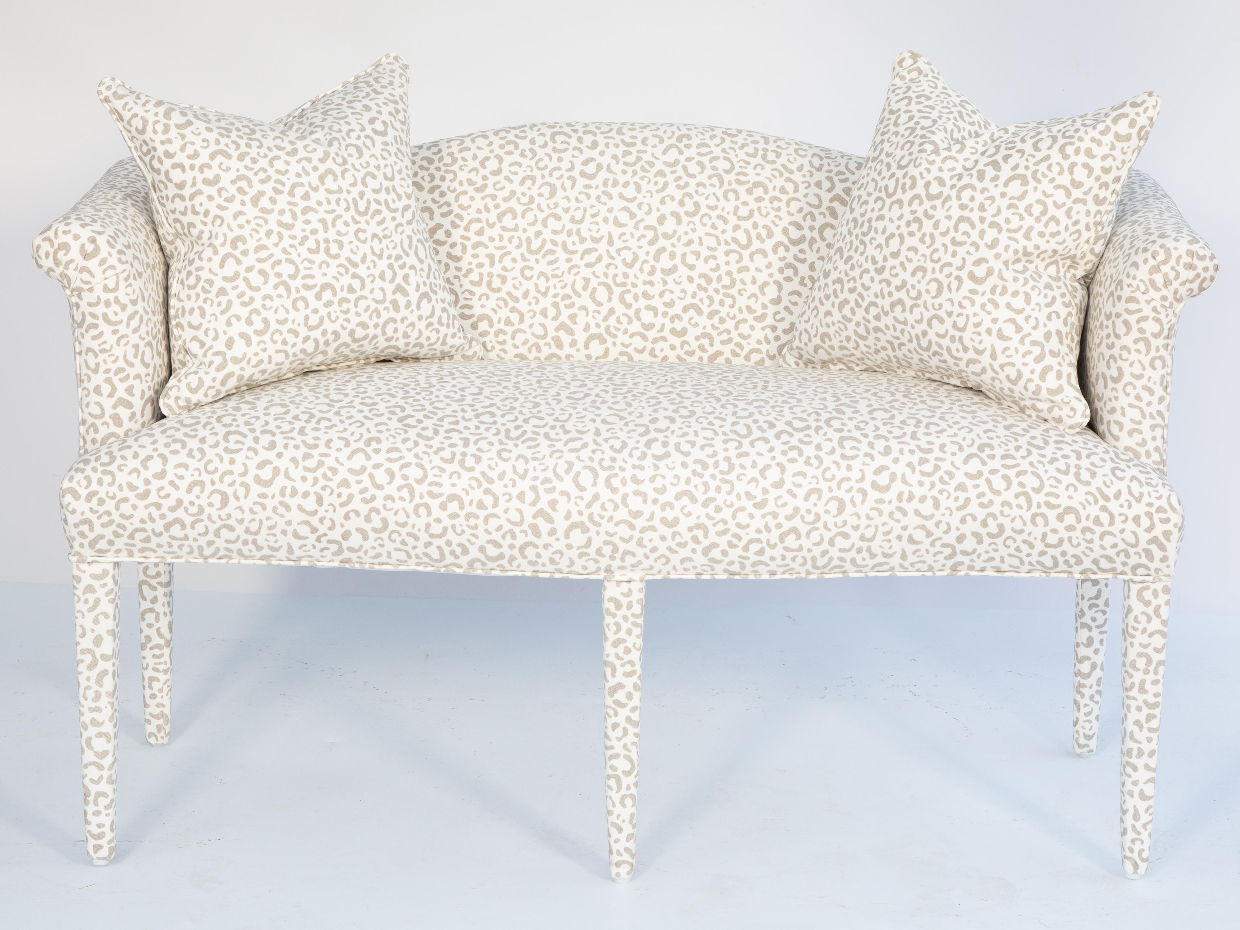 Vintage Settee Upholstered in Leopard-Print Denim with Two Matching Pillows 3