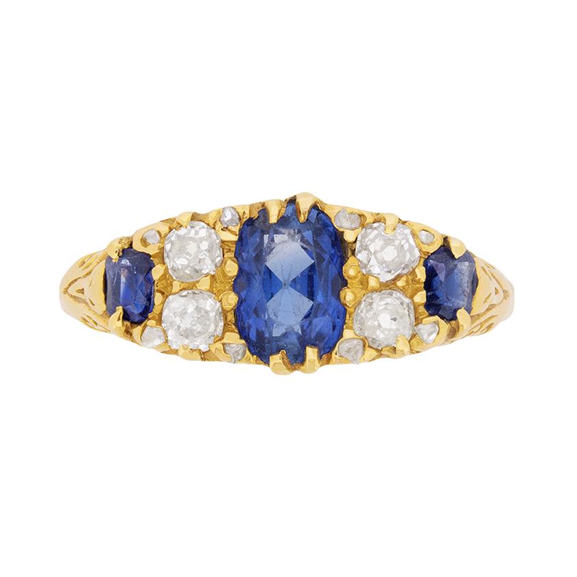 Vintage Seven-Stone Sapphire and Diamond Ring, circa 1930s For Sale