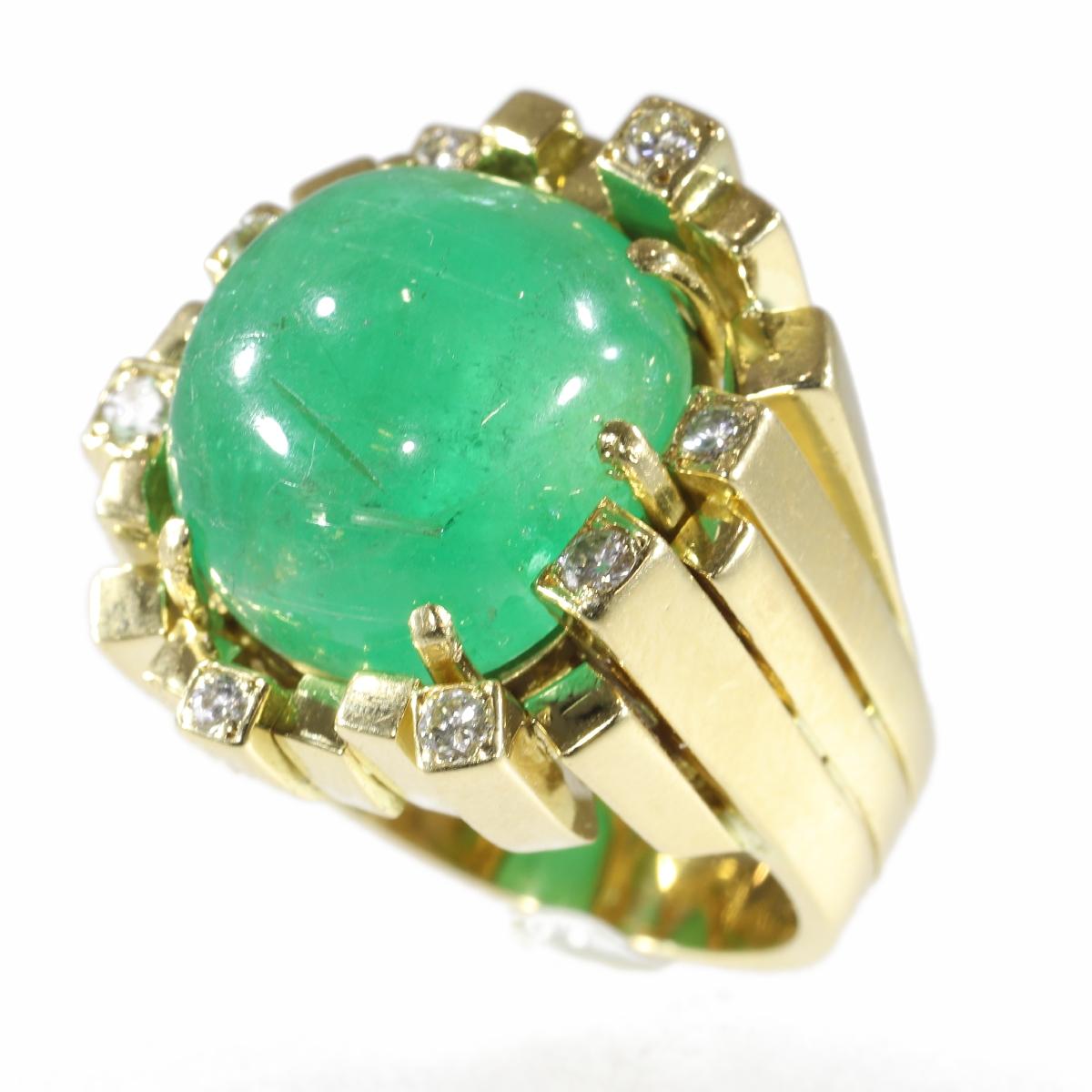 Women's Vintage Seventies Modernistic Artist Design Ring with Large Emerald and Diamonds For Sale