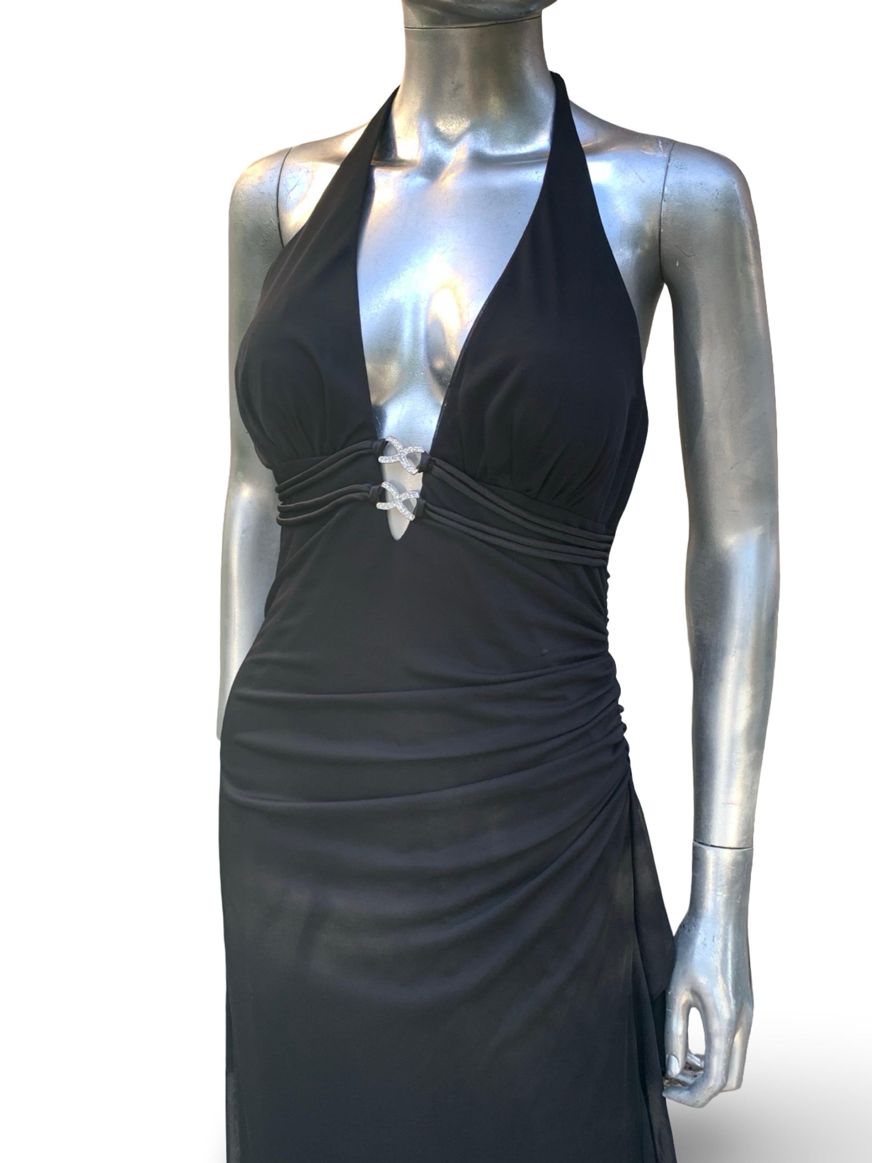 Vintage Sexy und schick Schwarz Jersey Drapiert Halter Langes Kleid im Angebot 7