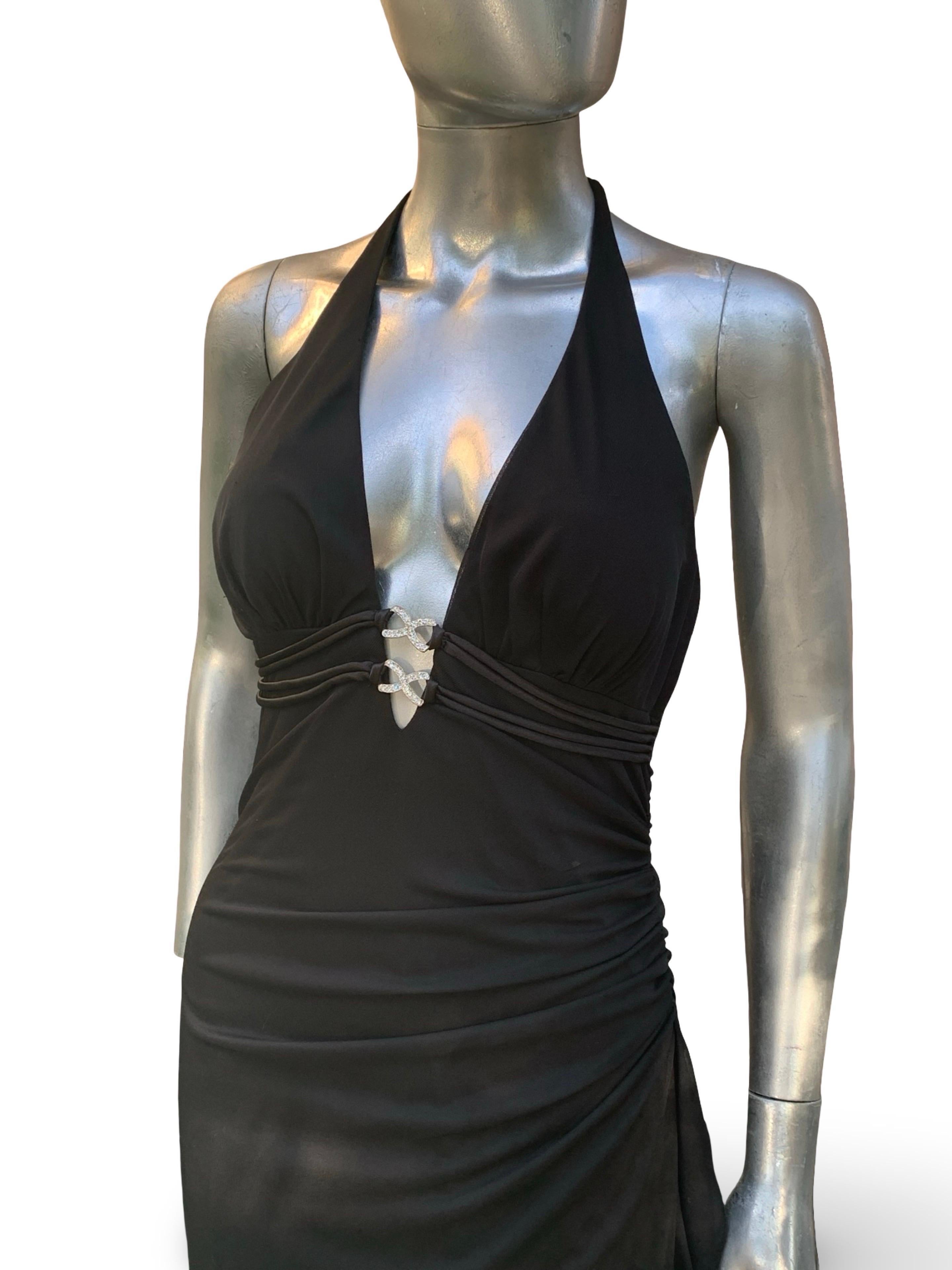 Vintage Sexy und schick Schwarz Jersey Drapiert Halter Langes Kleid im Angebot 9