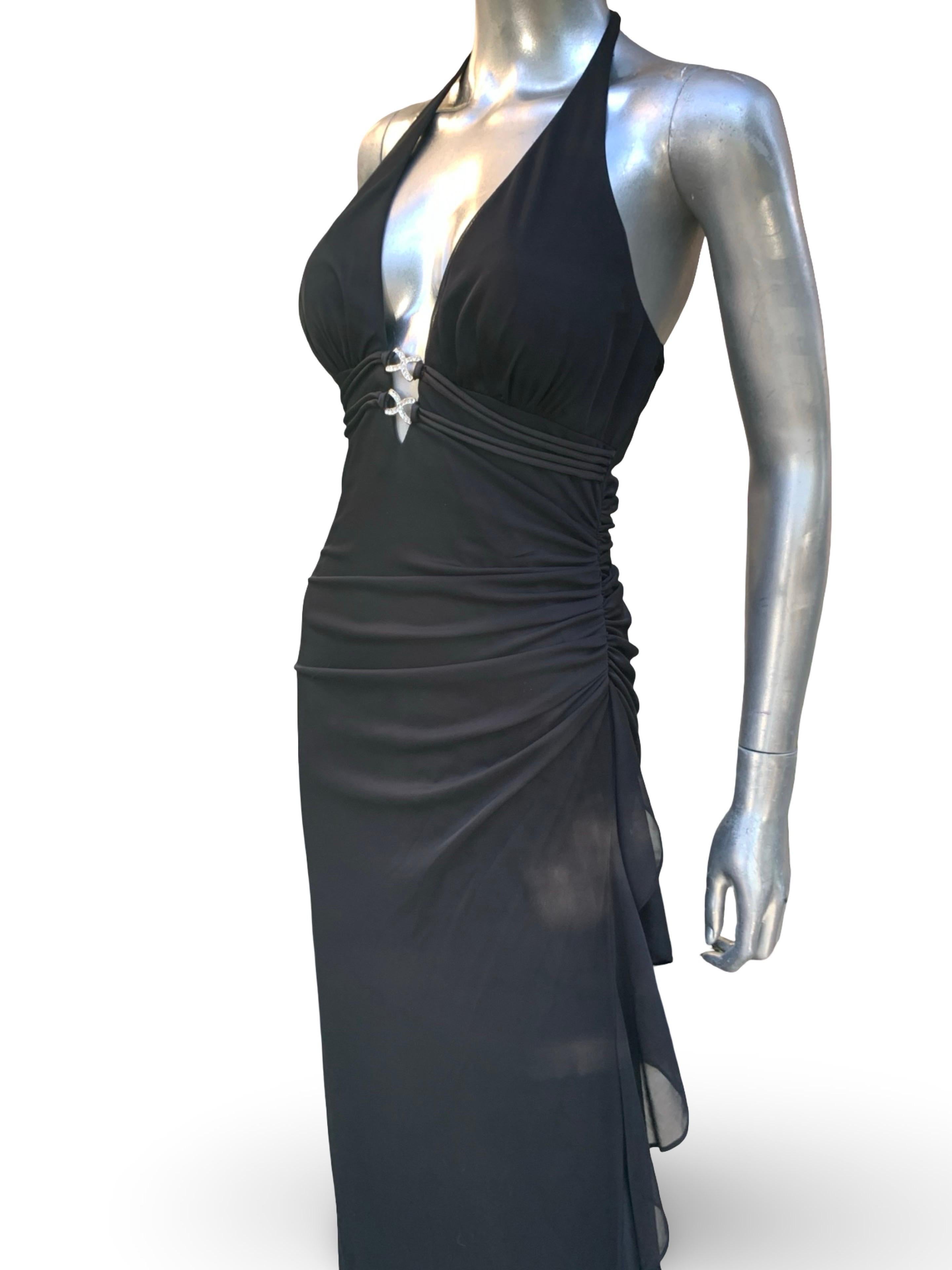 Vintage Sexy und schick Schwarz Jersey Drapiert Halter Langes Kleid im Angebot 10