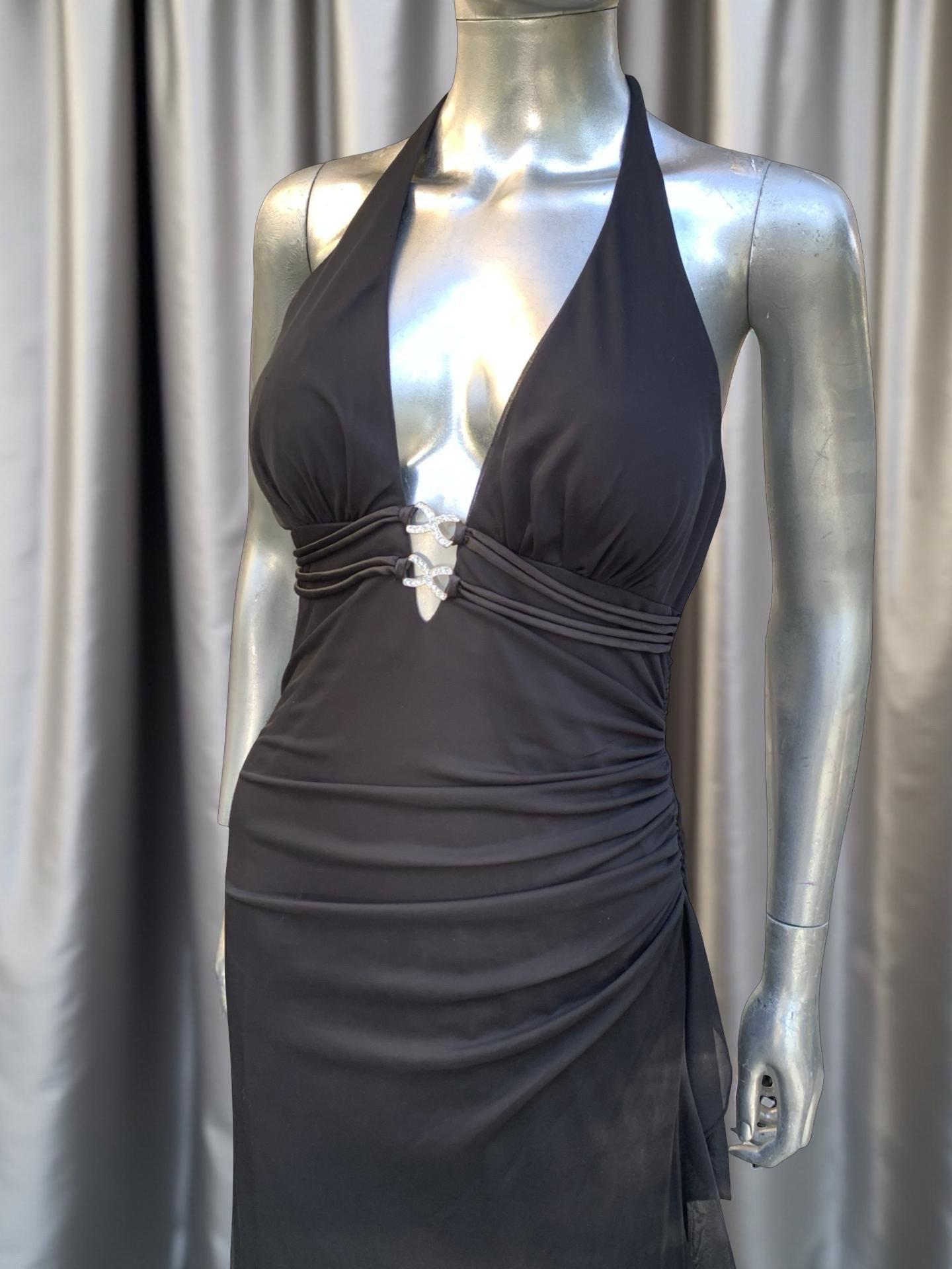 Vintage Sexy und schick Schwarz Jersey Drapiert Halter Langes Kleid im Angebot 11